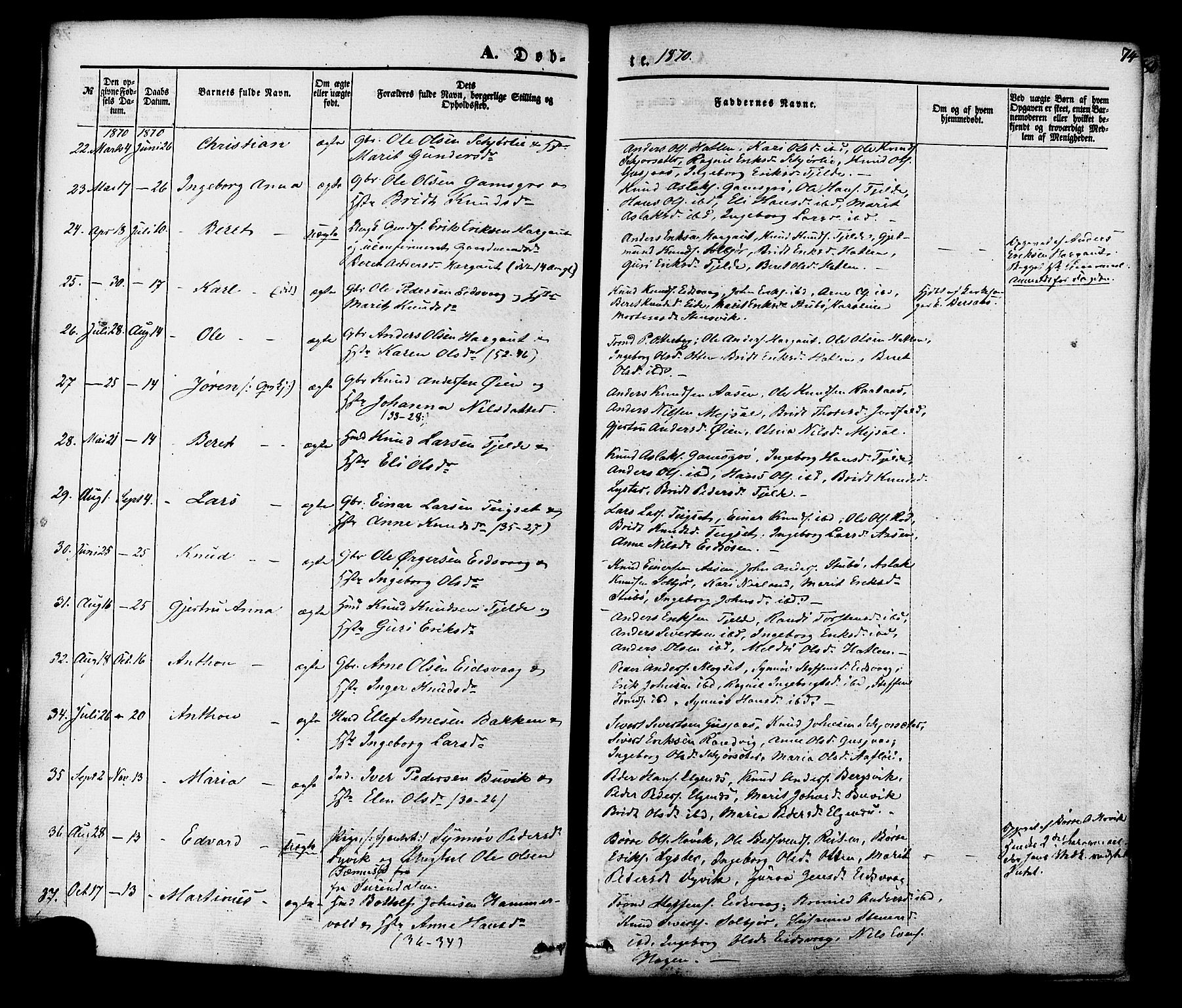 Ministerialprotokoller, klokkerbøker og fødselsregistre - Møre og Romsdal, SAT/A-1454/551/L0625: Parish register (official) no. 551A05, 1846-1879, p. 74