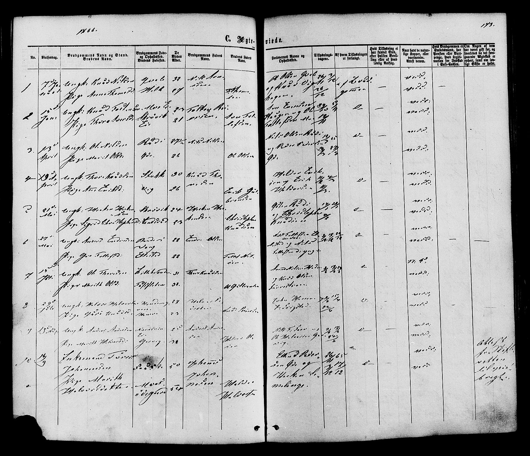 Vestre Slidre prestekontor, SAH/PREST-136/H/Ha/Haa/L0003: Parish register (official) no. 3, 1865-1880, p. 173