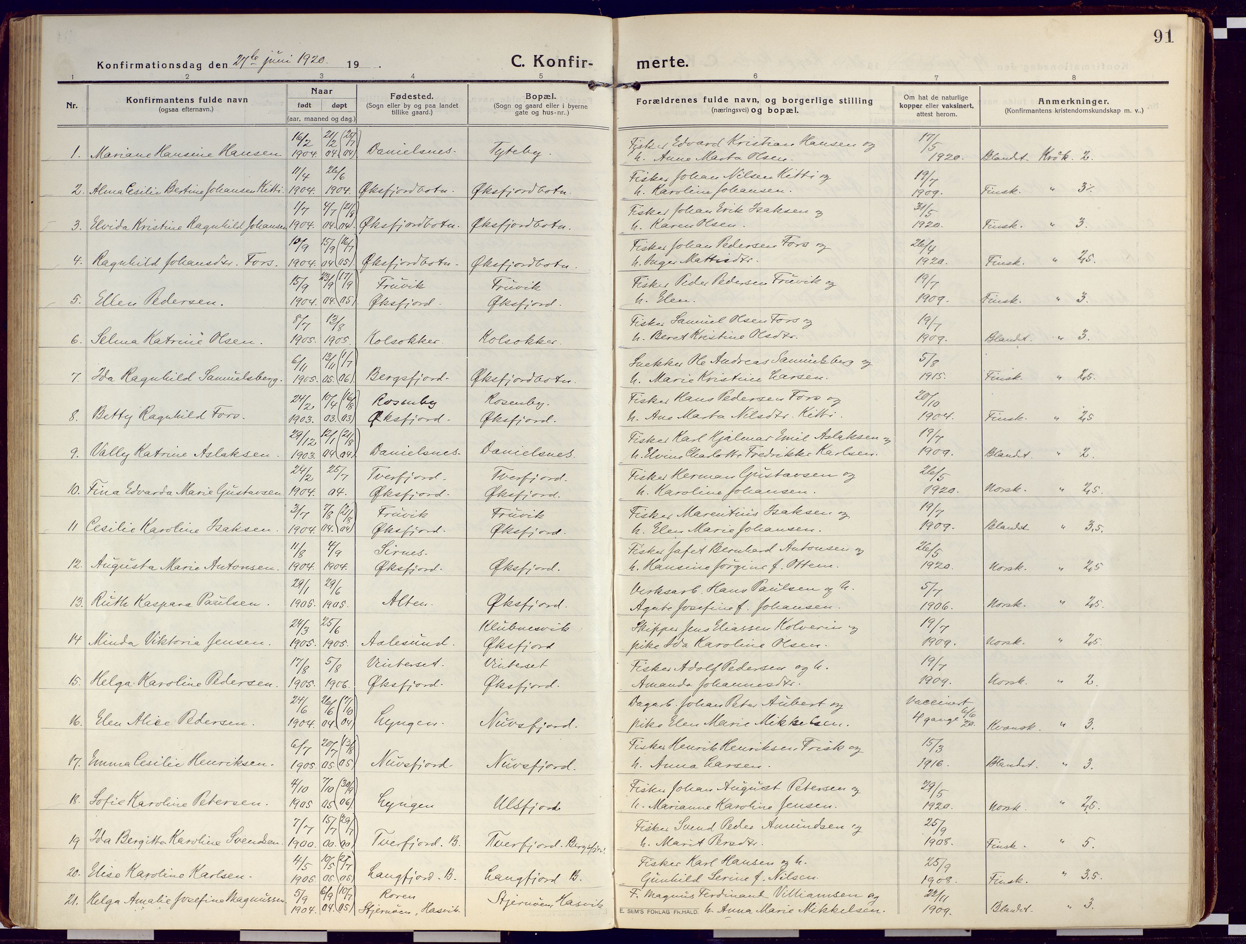Loppa sokneprestkontor, SATØ/S-1339/H/Ha/L0012kirke: Parish register (official) no. 12, 1917-1932, p. 91