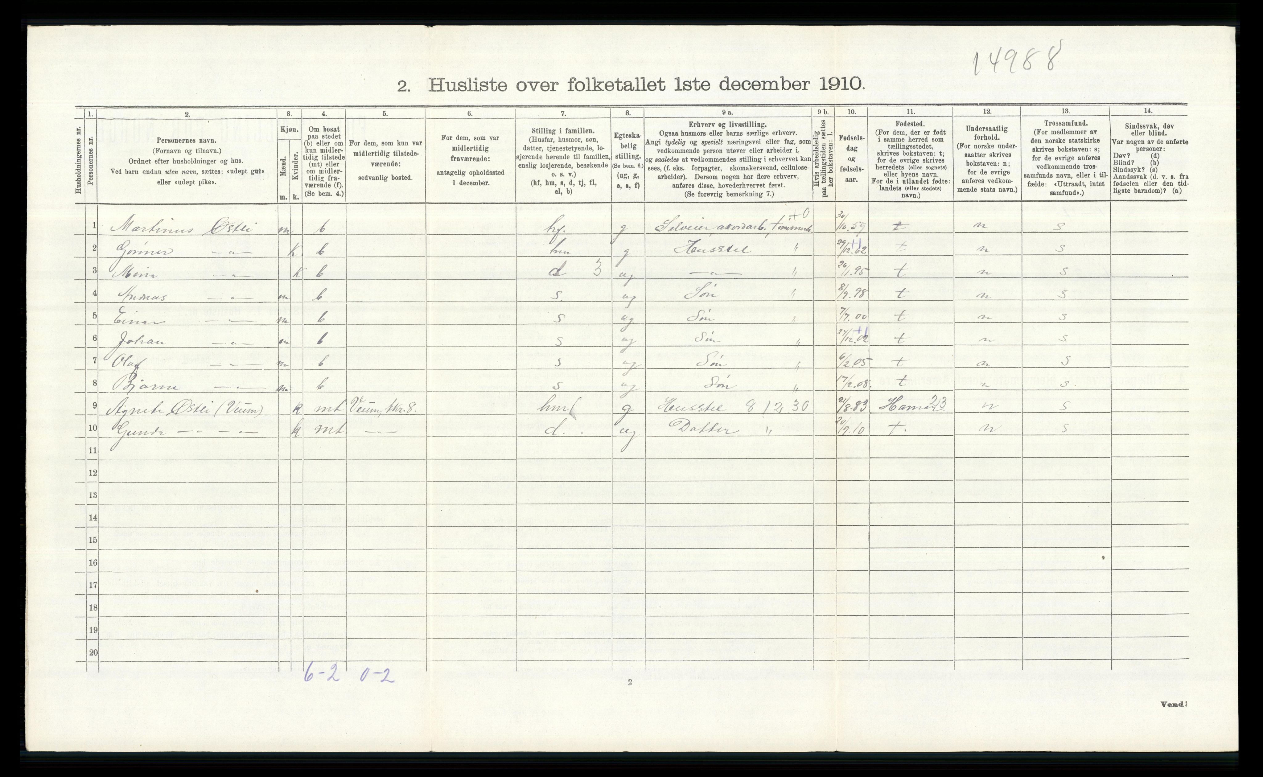 RA, 1910 census for Vang, 1910, p. 2000