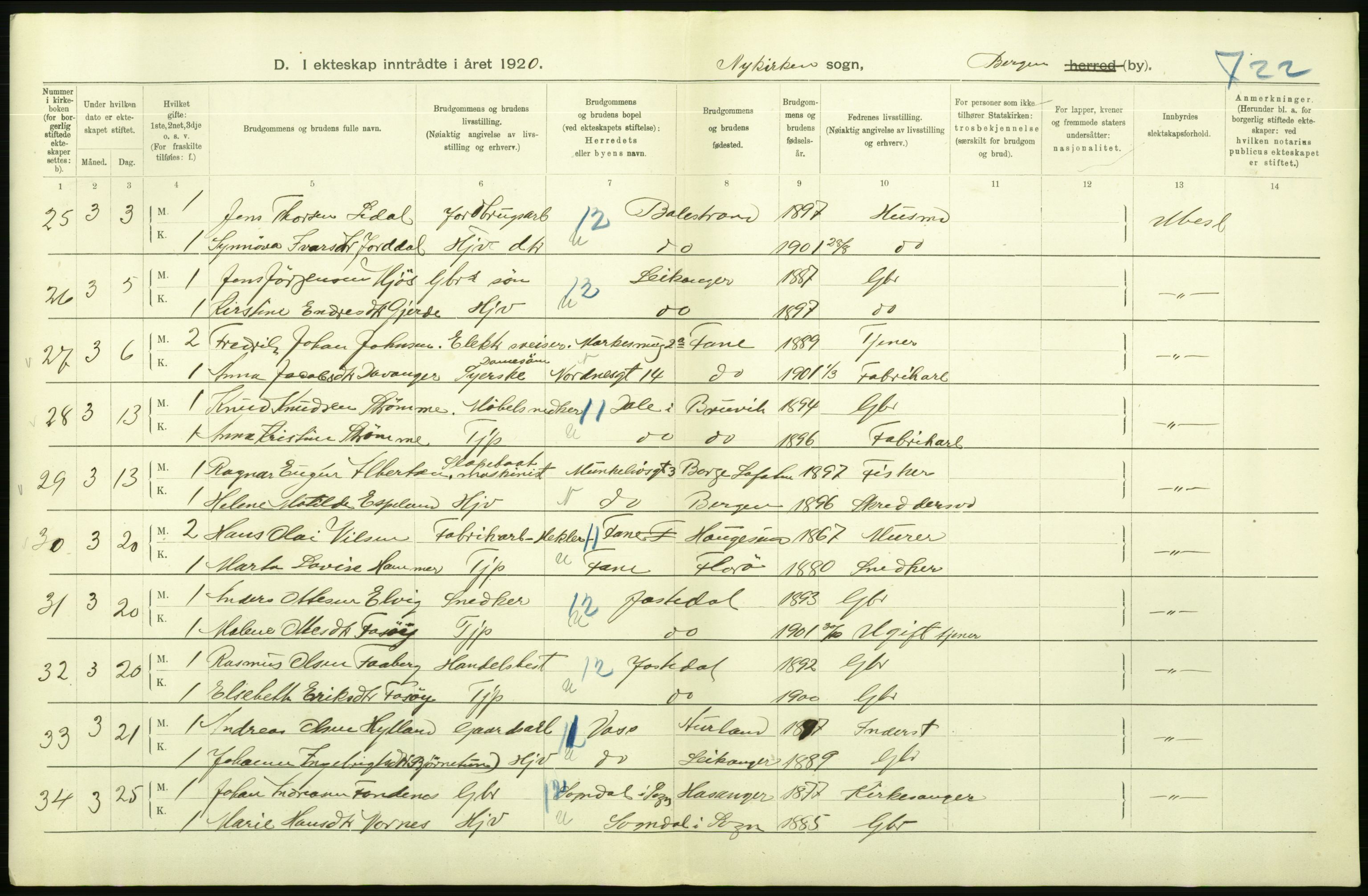 Statistisk sentralbyrå, Sosiodemografiske emner, Befolkning, AV/RA-S-2228/D/Df/Dfb/Dfbj/L0042: Bergen: Gifte, døde, dødfødte., 1920, p. 148