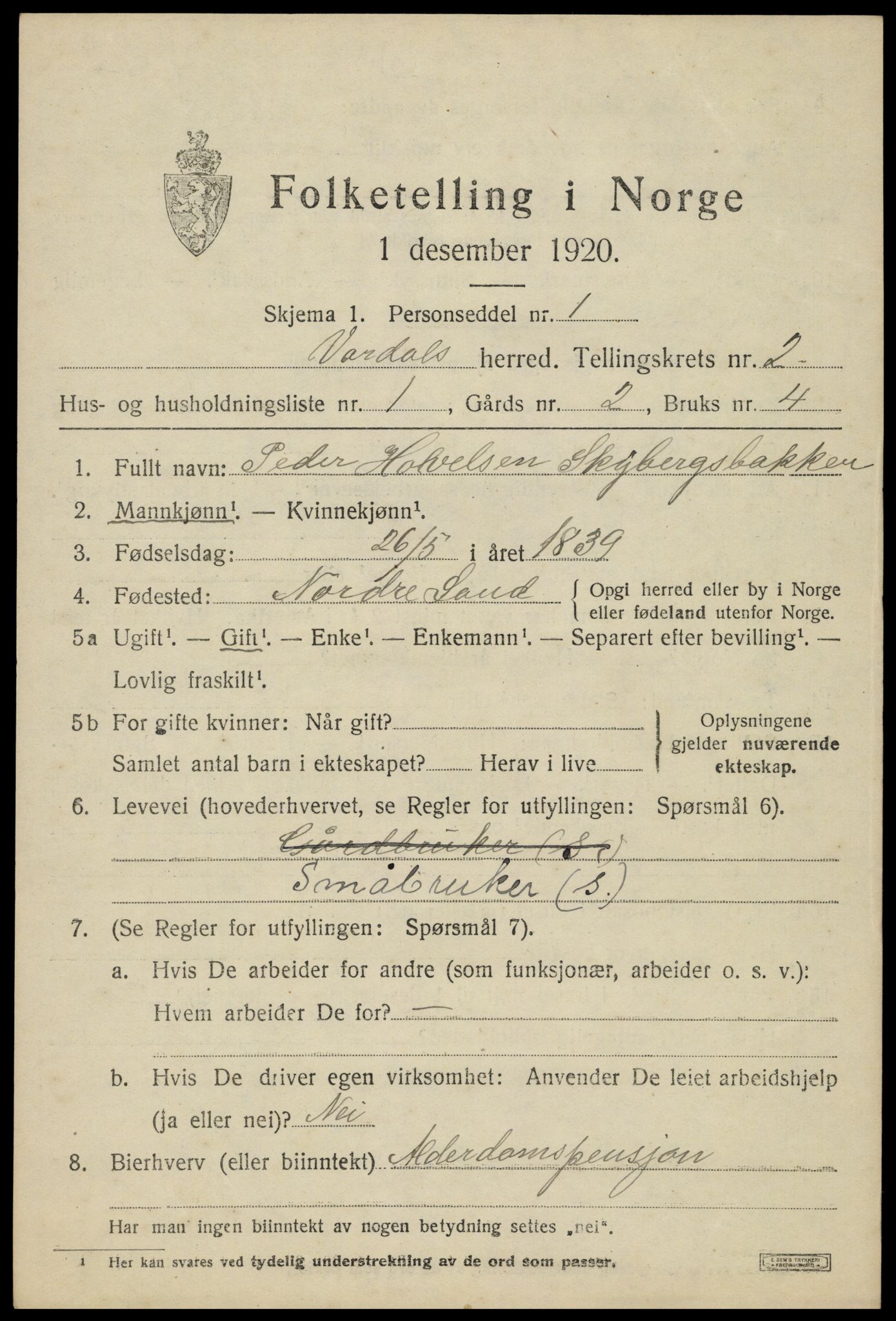 SAH, 1920 census for Vardal, 1920, p. 2441