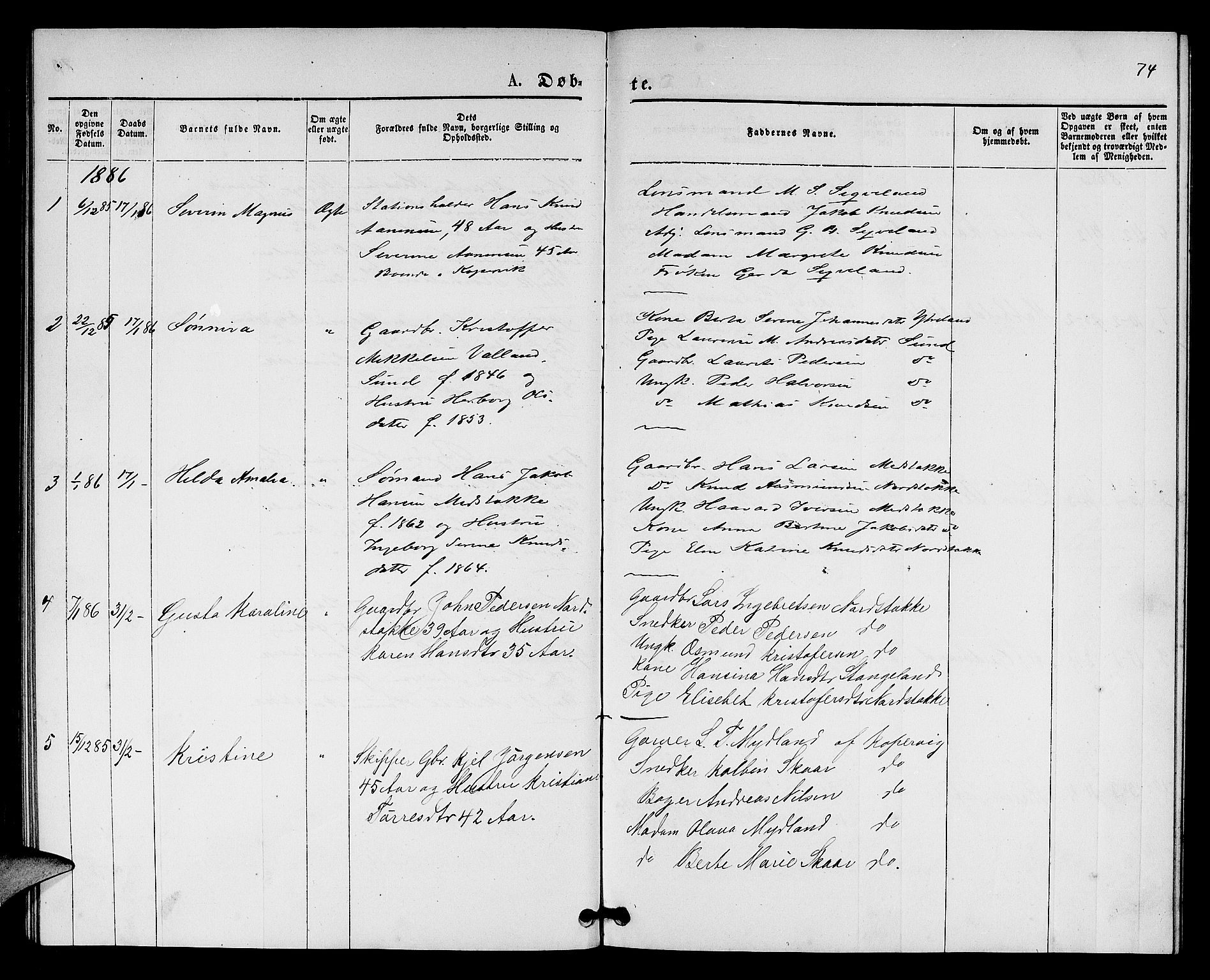 Kopervik sokneprestkontor, SAST/A-101850/H/Ha/Hab/L0001: Parish register (copy) no. B 1, 1877-1891, p. 74