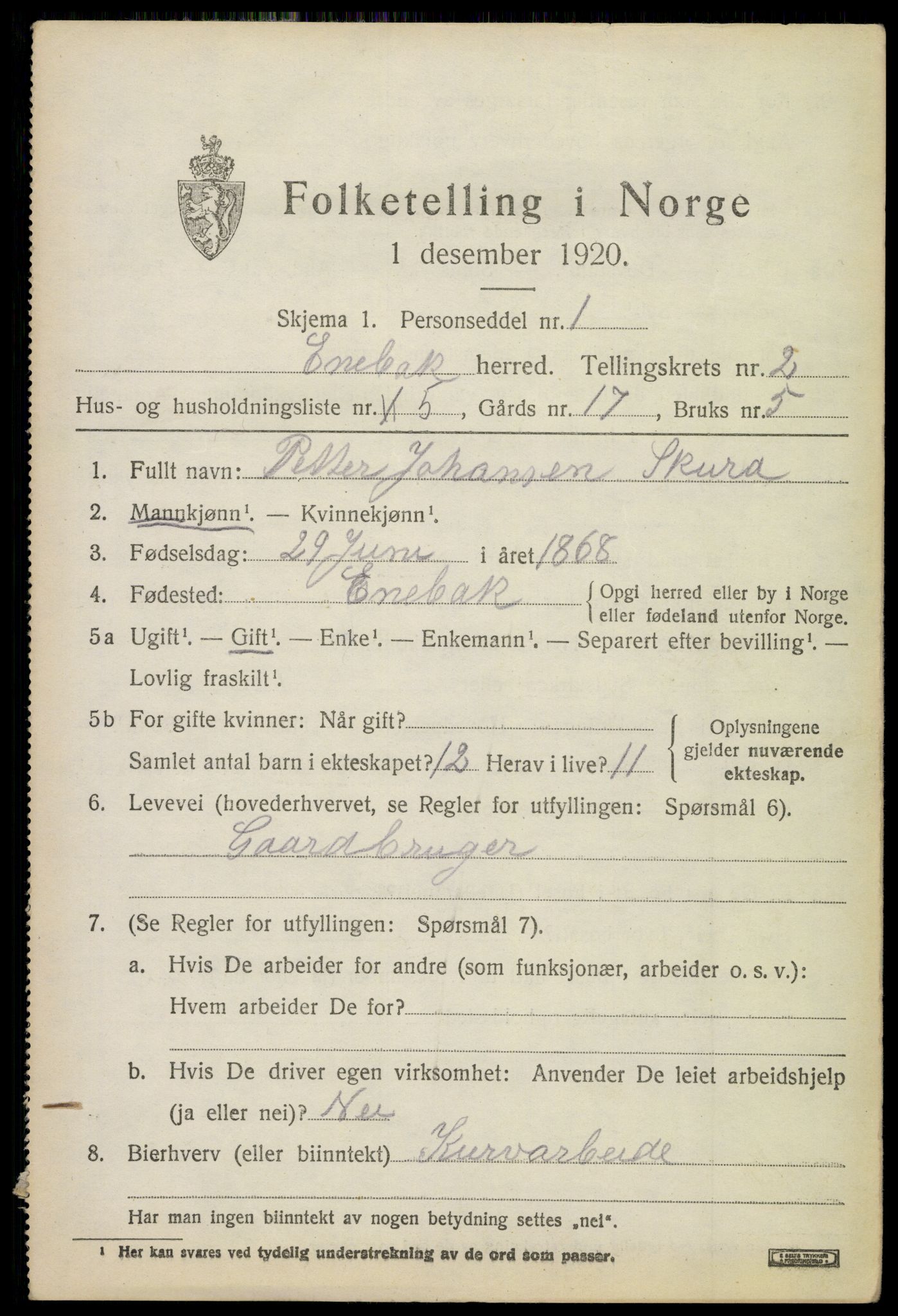 SAO, 1920 census for Enebakk, 1920, p. 2097