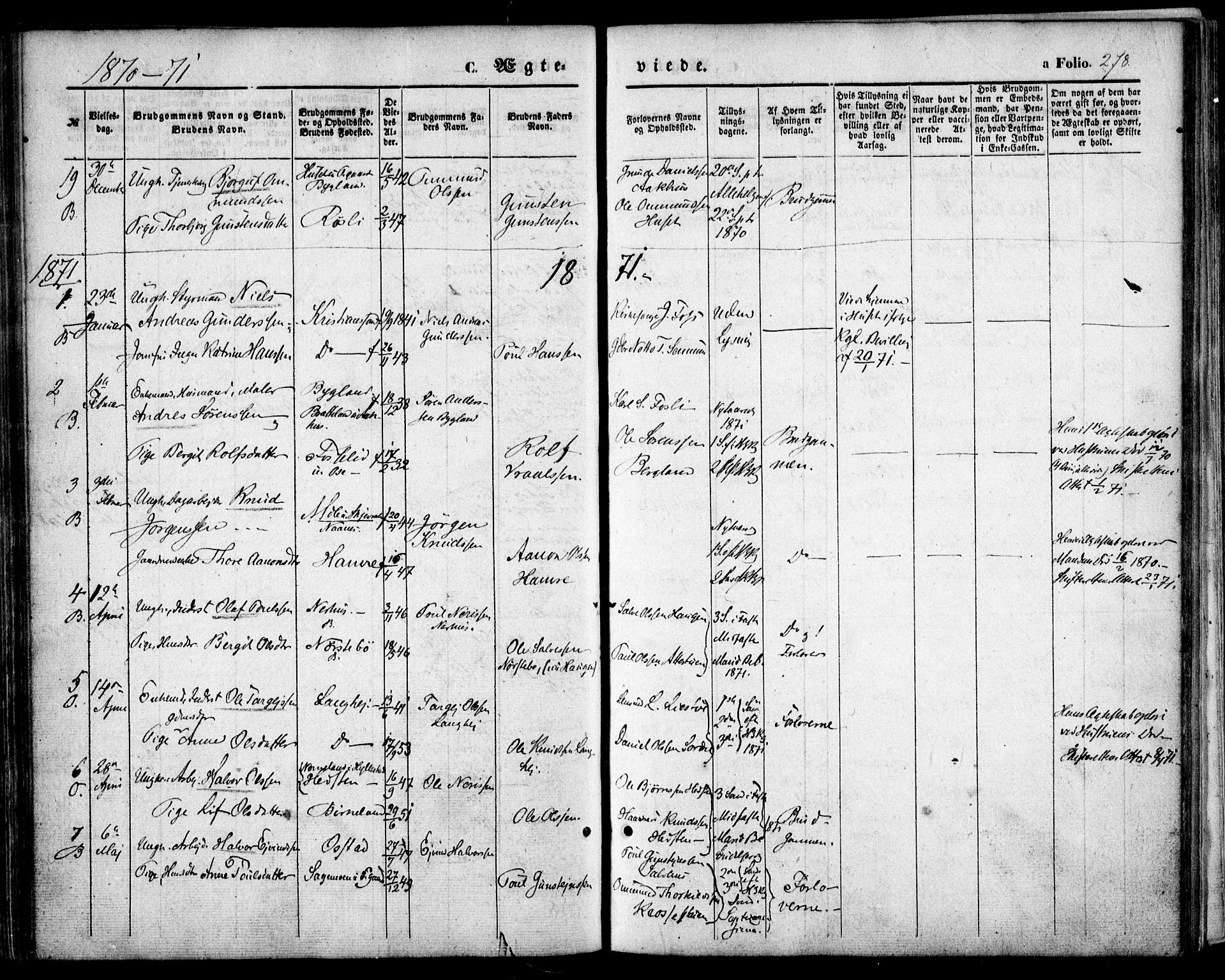 Bygland sokneprestkontor, SAK/1111-0006/F/Fa/Fab/L0005: Parish register (official) no. A 5, 1859-1873, p. 278