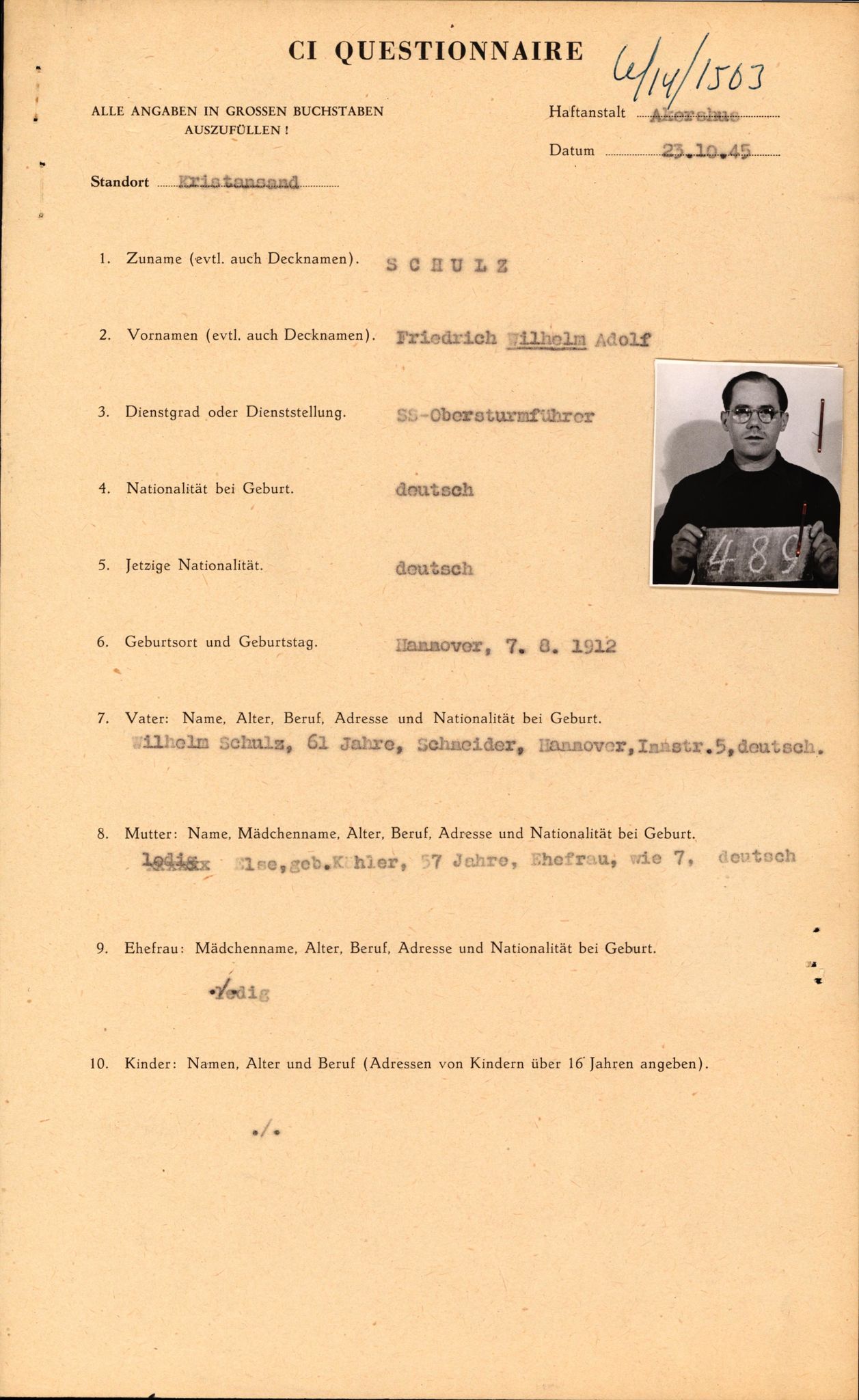 Forsvaret, Forsvarets overkommando II, AV/RA-RAFA-3915/D/Db/L0030: CI Questionaires. Tyske okkupasjonsstyrker i Norge. Tyskere., 1945-1946, p. 392