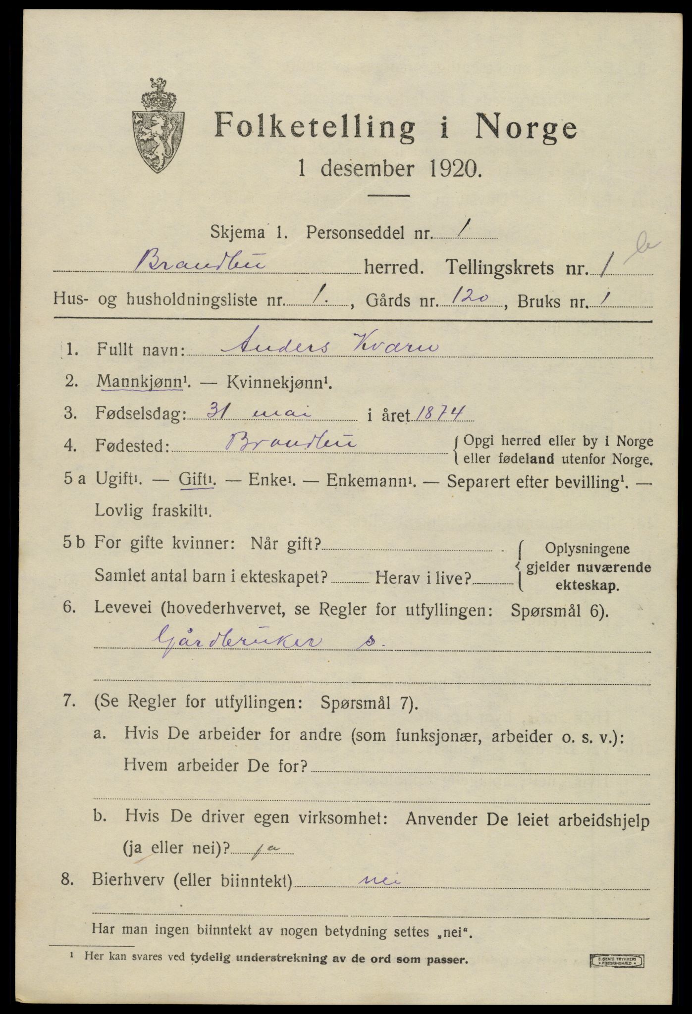 SAH, 1920 census for Brandbu, 1920, p. 3069