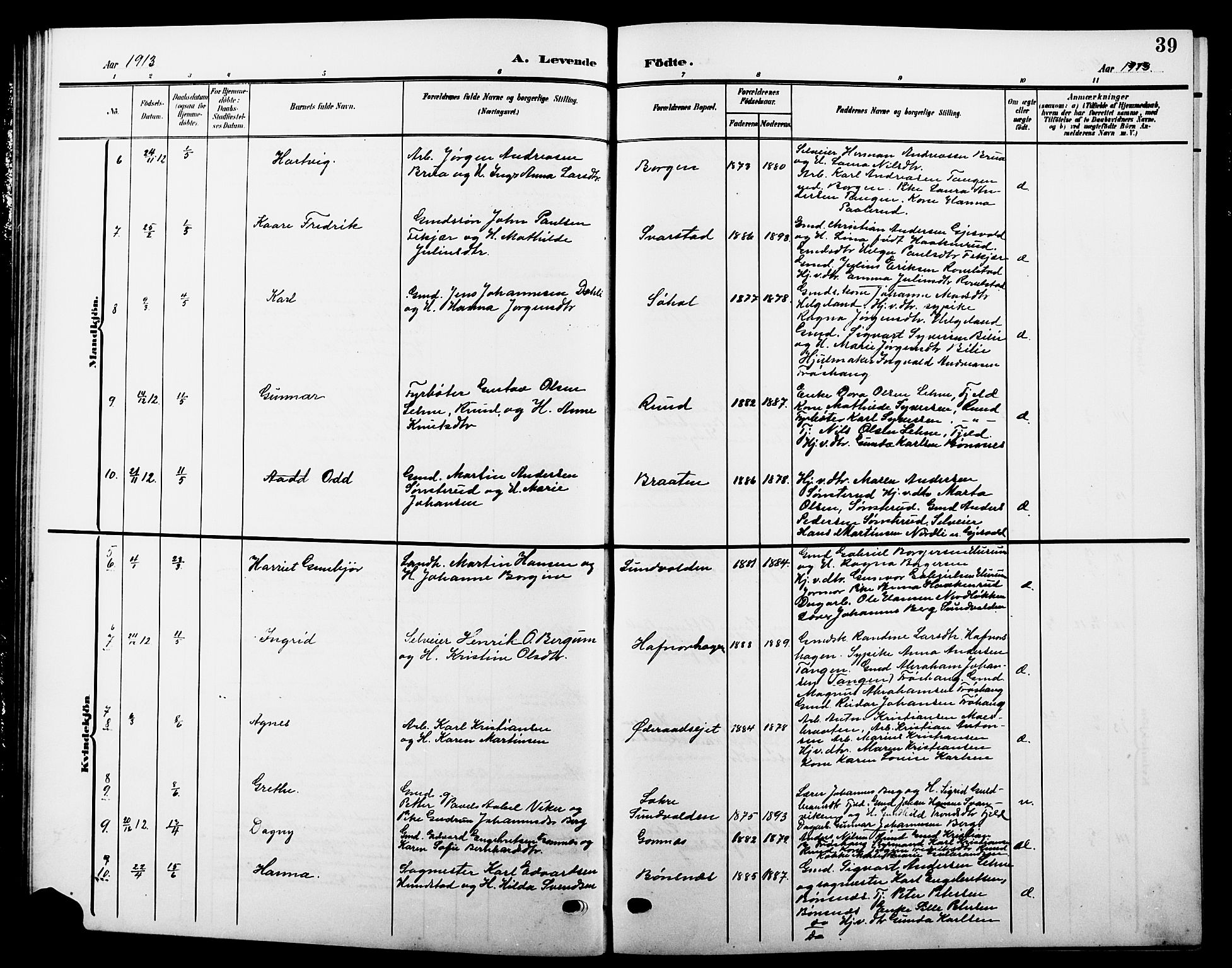 Hole kirkebøker, AV/SAKO-A-228/G/Ga/L0004: Parish register (copy) no. I 4, 1905-1924, p. 39