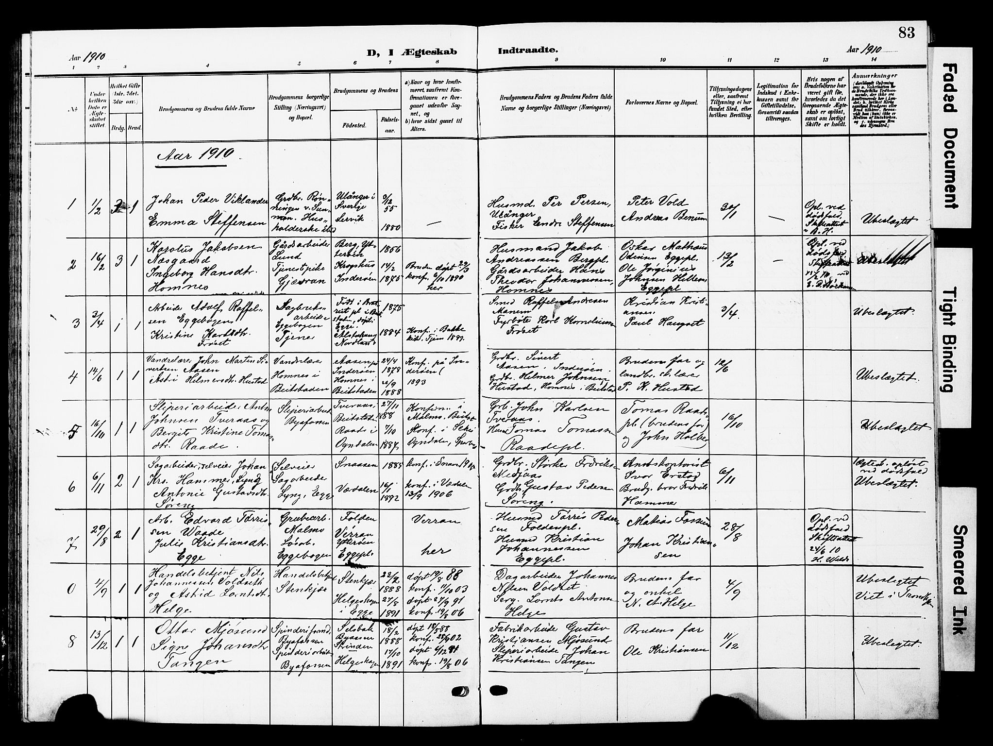 Ministerialprotokoller, klokkerbøker og fødselsregistre - Nord-Trøndelag, SAT/A-1458/740/L0381: Parish register (copy) no. 740C02, 1903-1914, p. 83