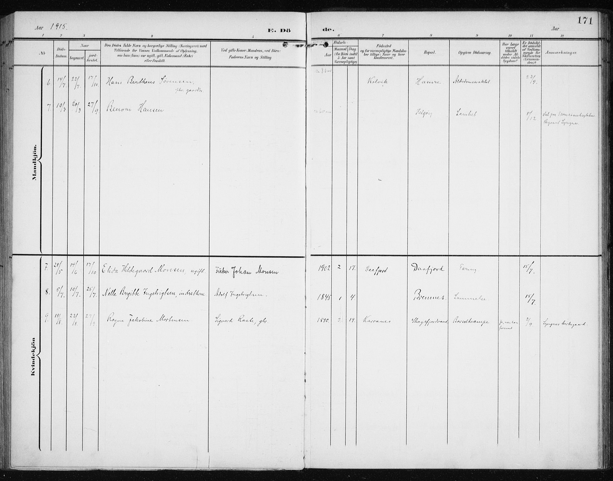 Karlsøy sokneprestembete, SATØ/S-1299/H/Ha/Haa/L0013kirke: Parish register (official) no. 13, 1902-1916, p. 171