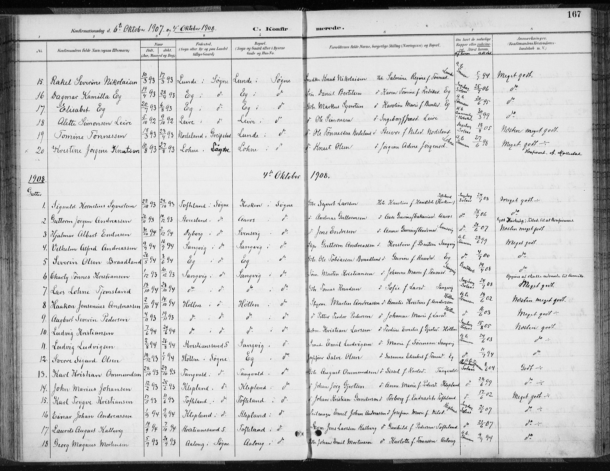 Søgne sokneprestkontor, SAK/1111-0037/F/Fa/Fab/L0013: Parish register (official) no. A 13, 1892-1911, p. 167