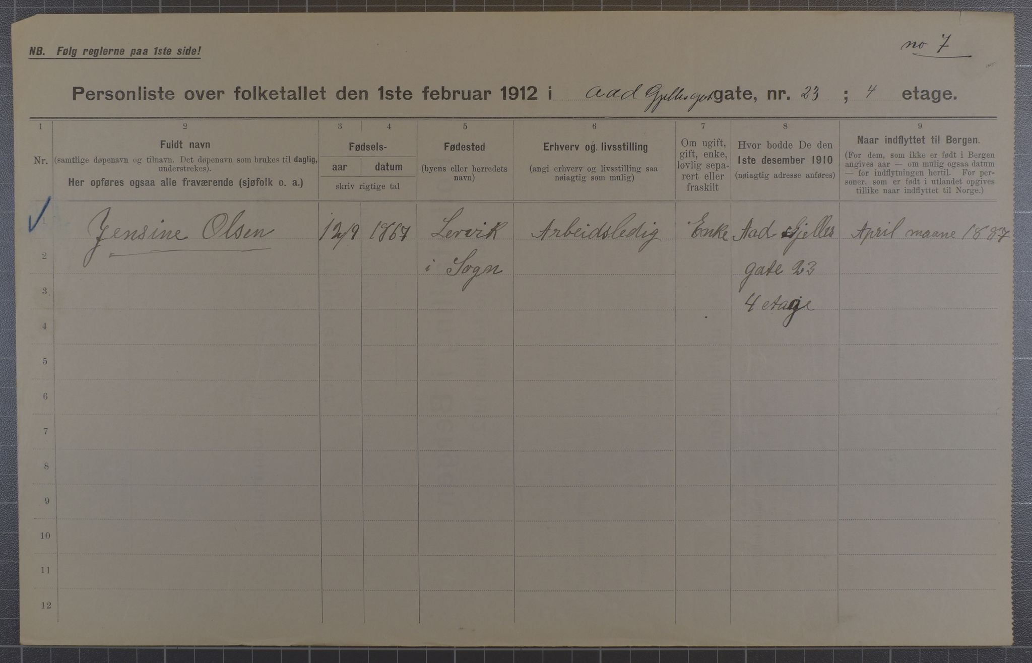 SAB, Municipal Census 1912 for Bergen, 1912, p. 168