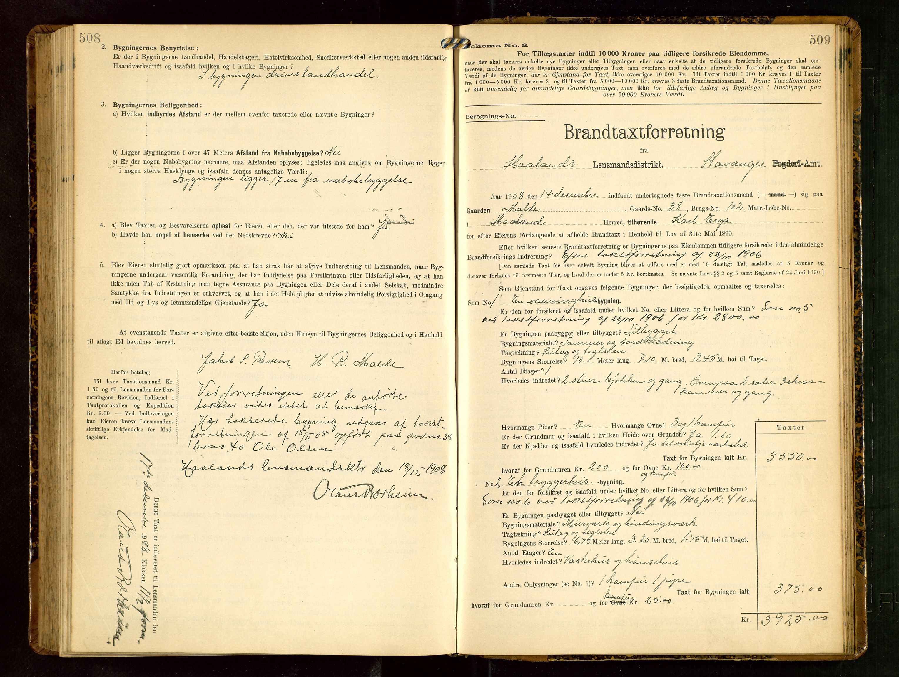 Håland lensmannskontor, AV/SAST-A-100100/Gob/L0003: Branntakstprotokoll - skjematakst. Register i boken., 1909-1910, p. 508-509