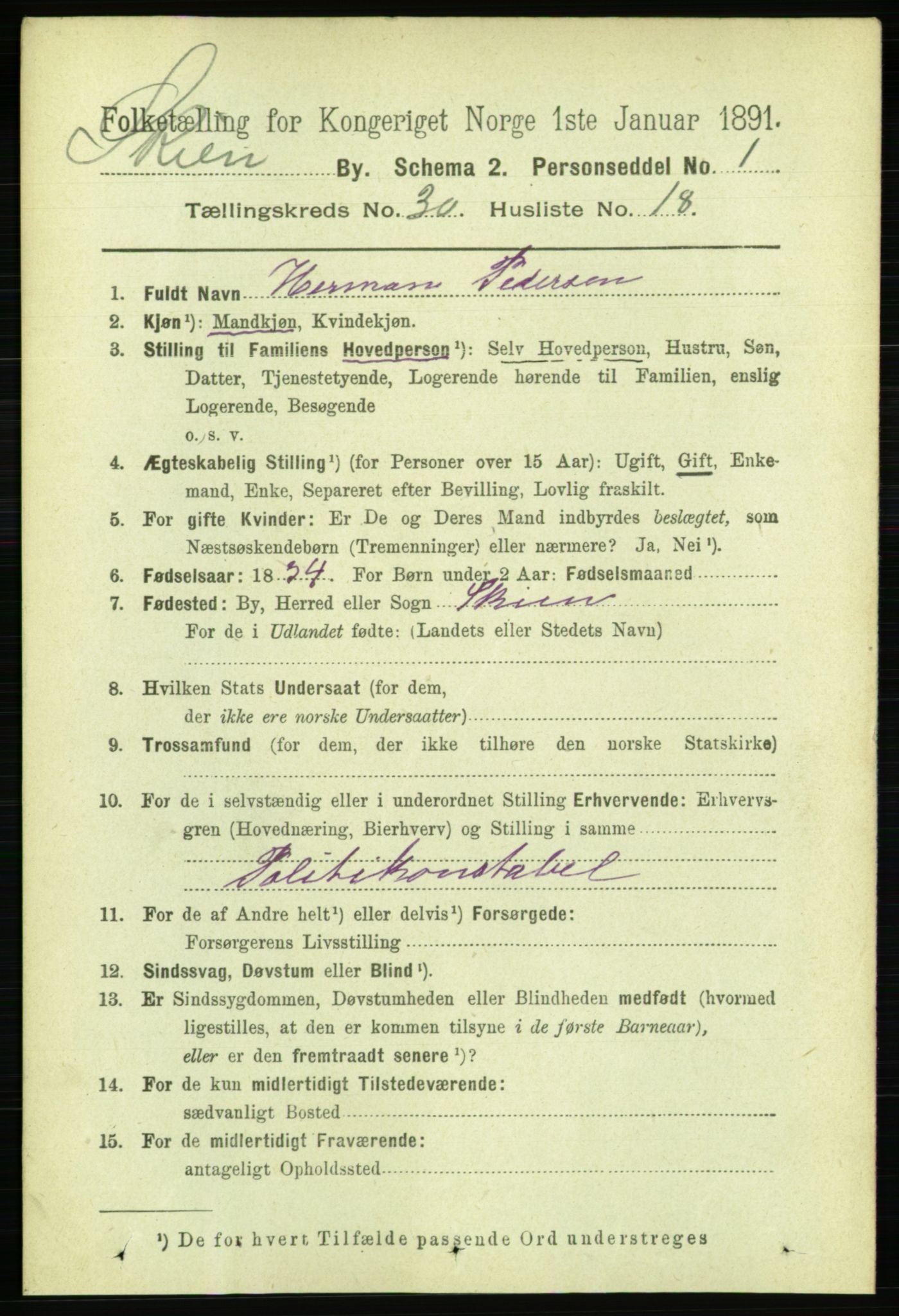 RA, 1891 census for 0806 Skien, 1891, p. 7012