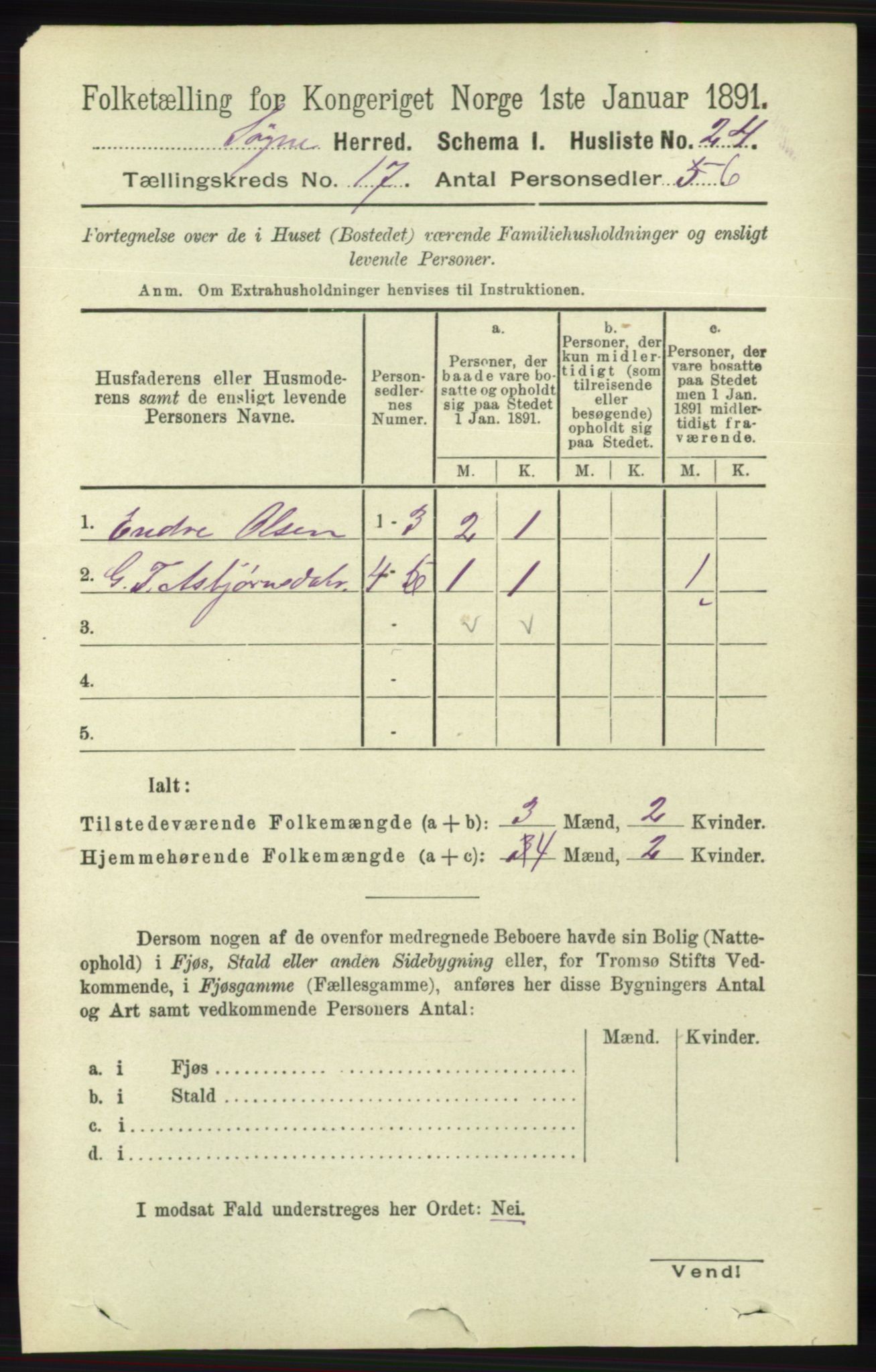 RA, 1891 census for 1018 Søgne, 1891, p. 4490