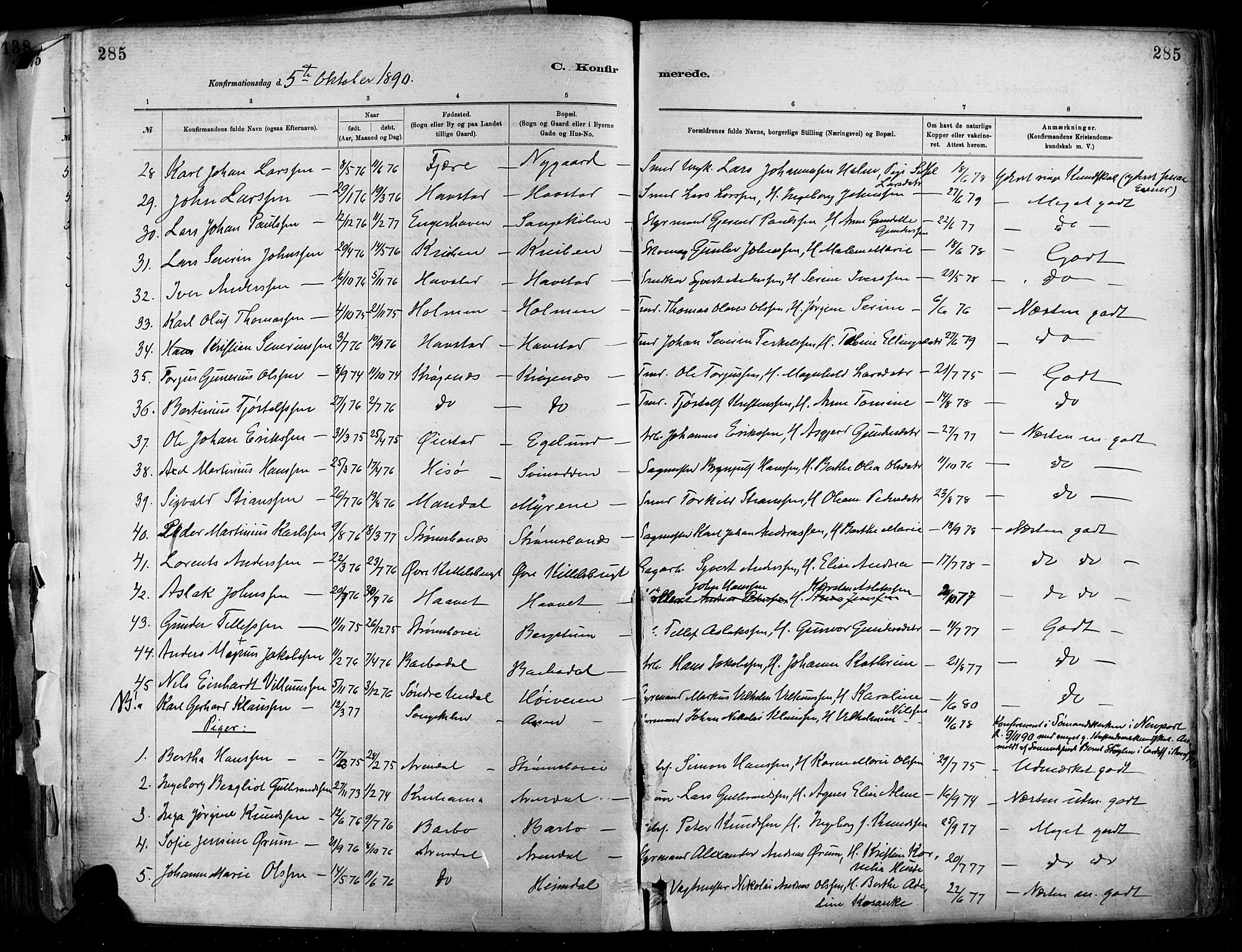 Barbu sokneprestkontor, SAK/1111-0003/F/Fa/L0002: Parish register (official) no. A 2, 1883-1898, p. 285