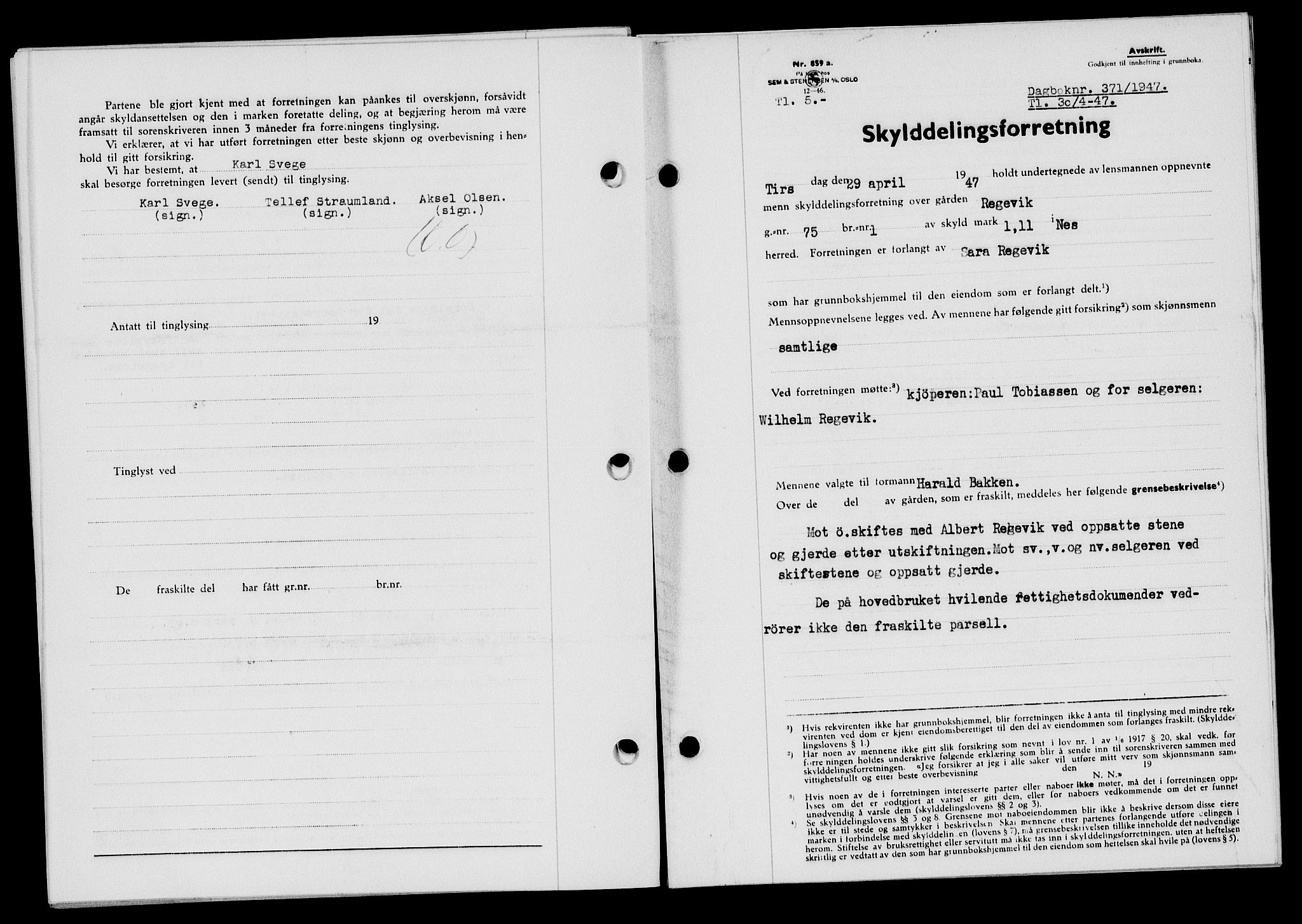 Flekkefjord sorenskriveri, SAK/1221-0001/G/Gb/Gba/L0062: Mortgage book no. A-10, 1947-1947, Diary no: : 371/1947