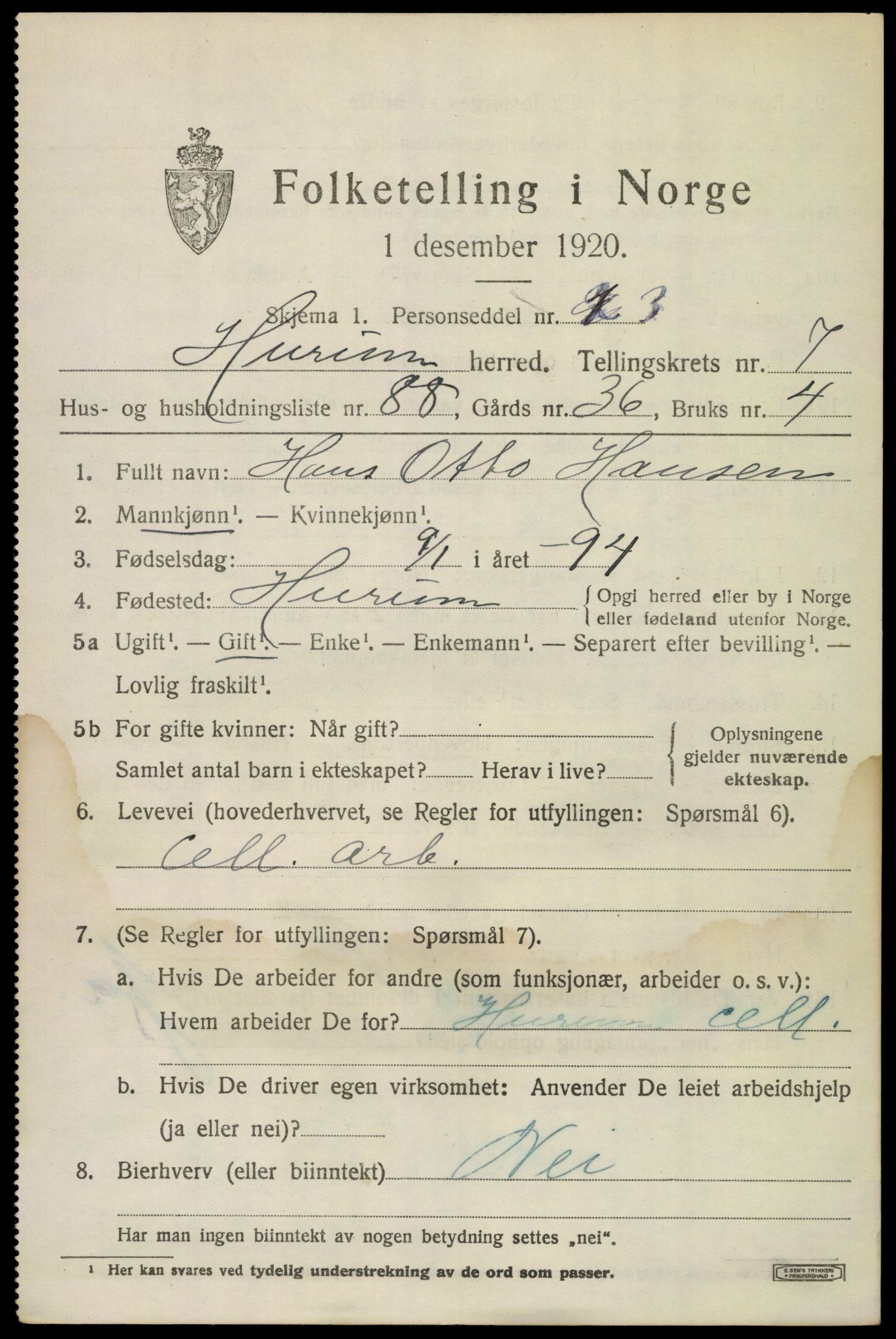 SAKO, 1920 census for Hurum, 1920, p. 10102