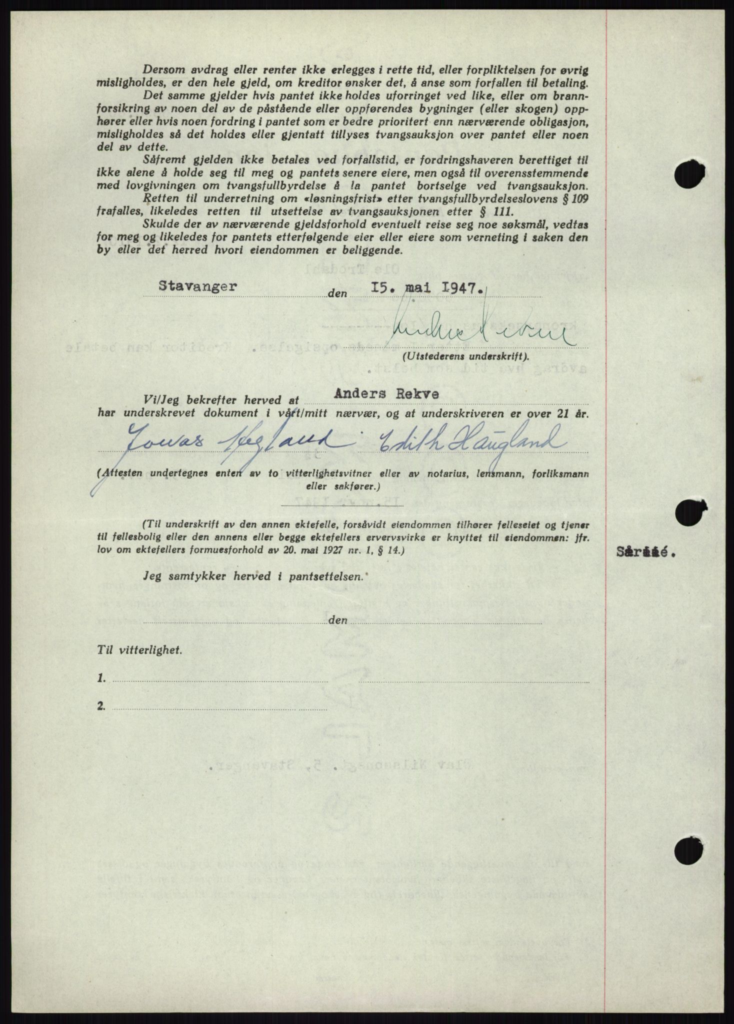 Stavanger byrett, AV/SAST-A-100455/002/G/Gb/L0031: Mortgage book, 1943-1947, Diary no: : 1194/1947