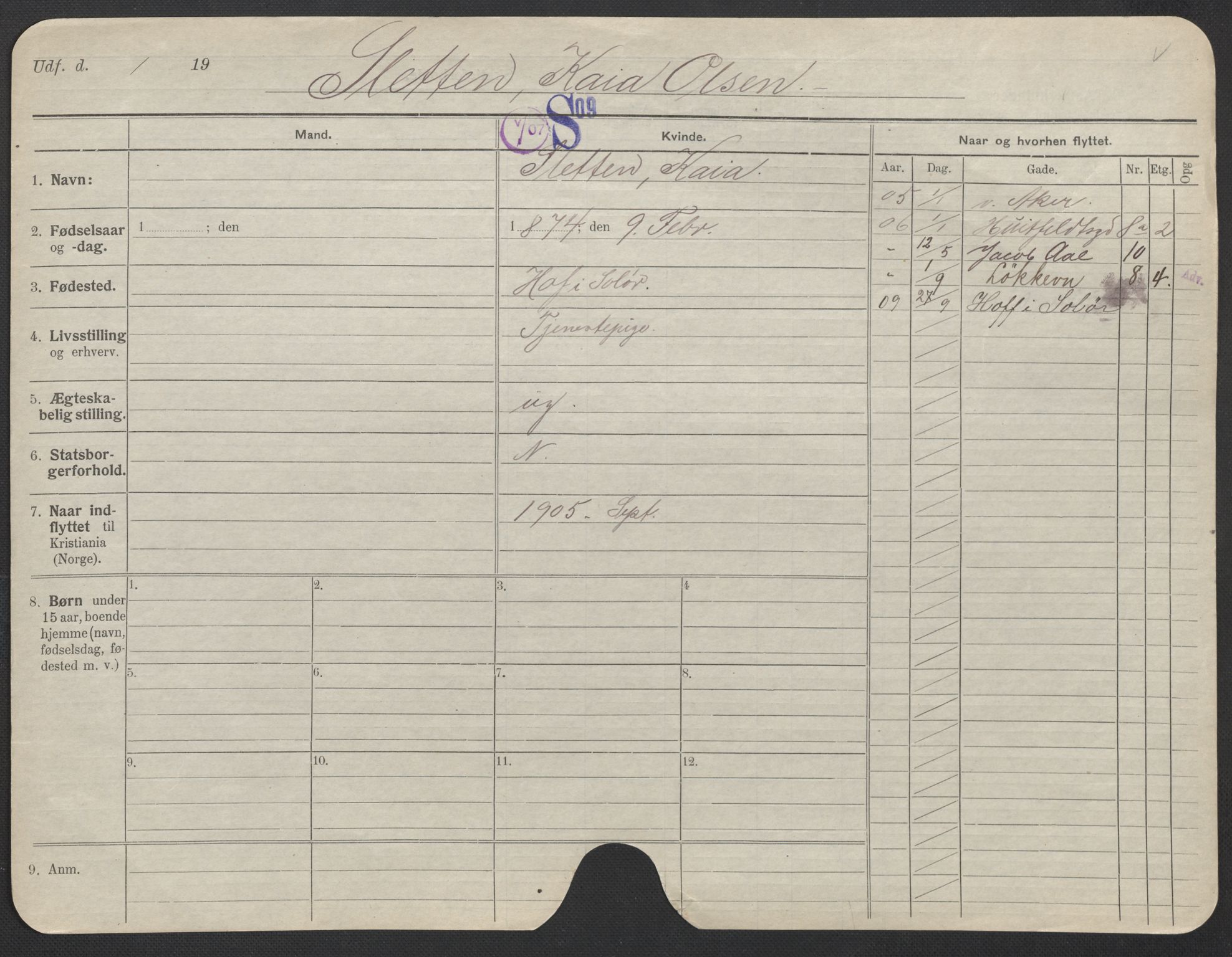 Oslo folkeregister, Registerkort, AV/SAO-A-11715/F/Fa/Fac/L0024: Kvinner, 1906-1914, p. 13a