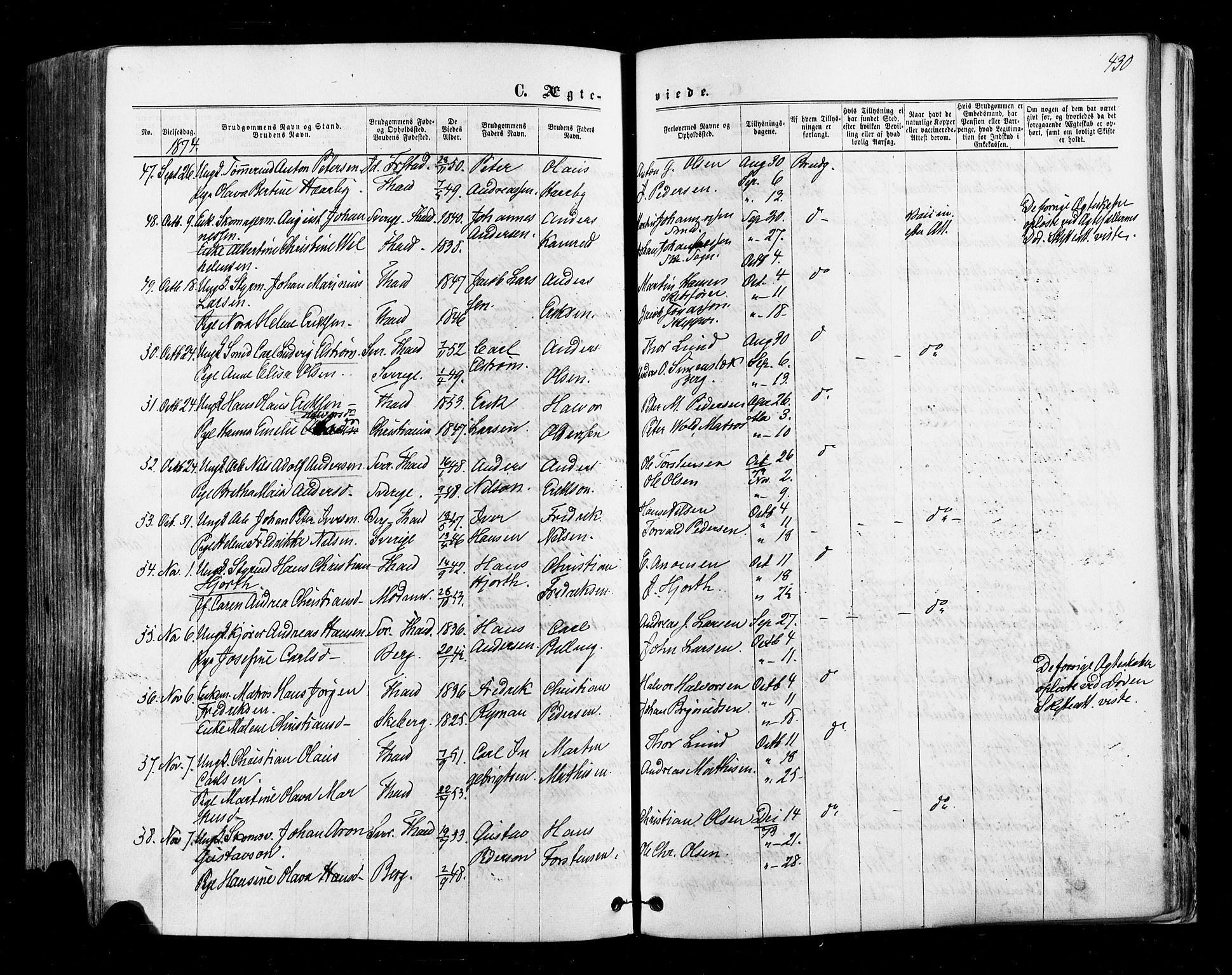 Halden prestekontor Kirkebøker, AV/SAO-A-10909/F/Fa/L0009: Parish register (official) no. I 9, 1866-1877, p. 430