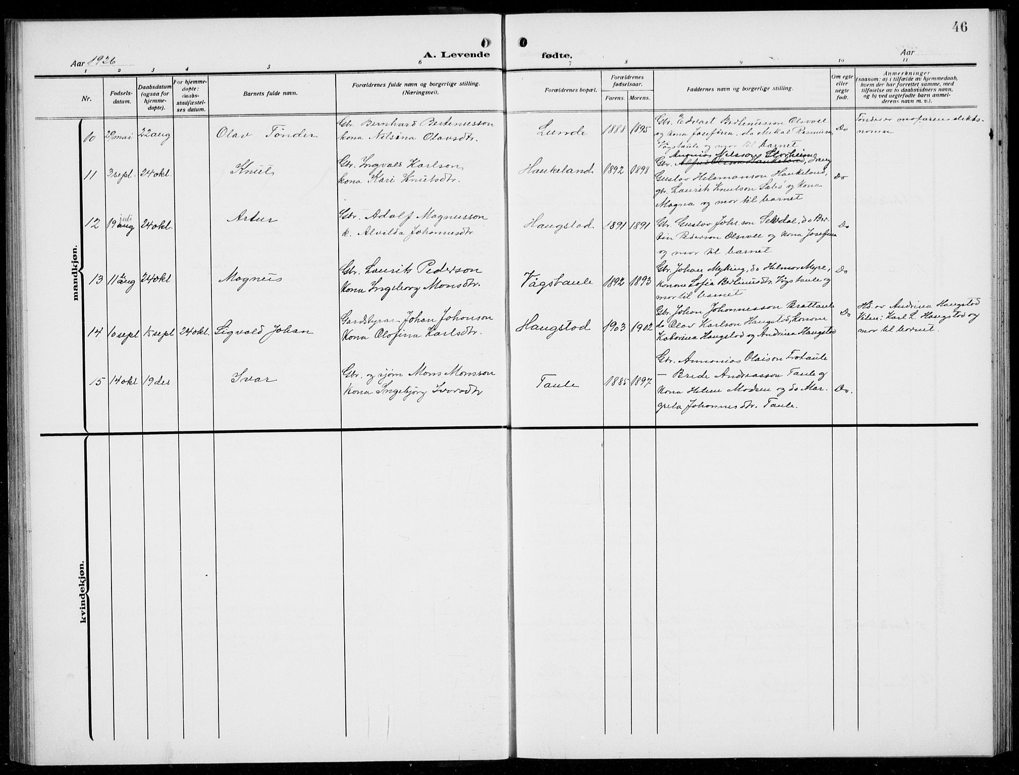 Manger sokneprestembete, AV/SAB-A-76801/H/Hab: Parish register (copy) no. D  4, 1910-1935, p. 46