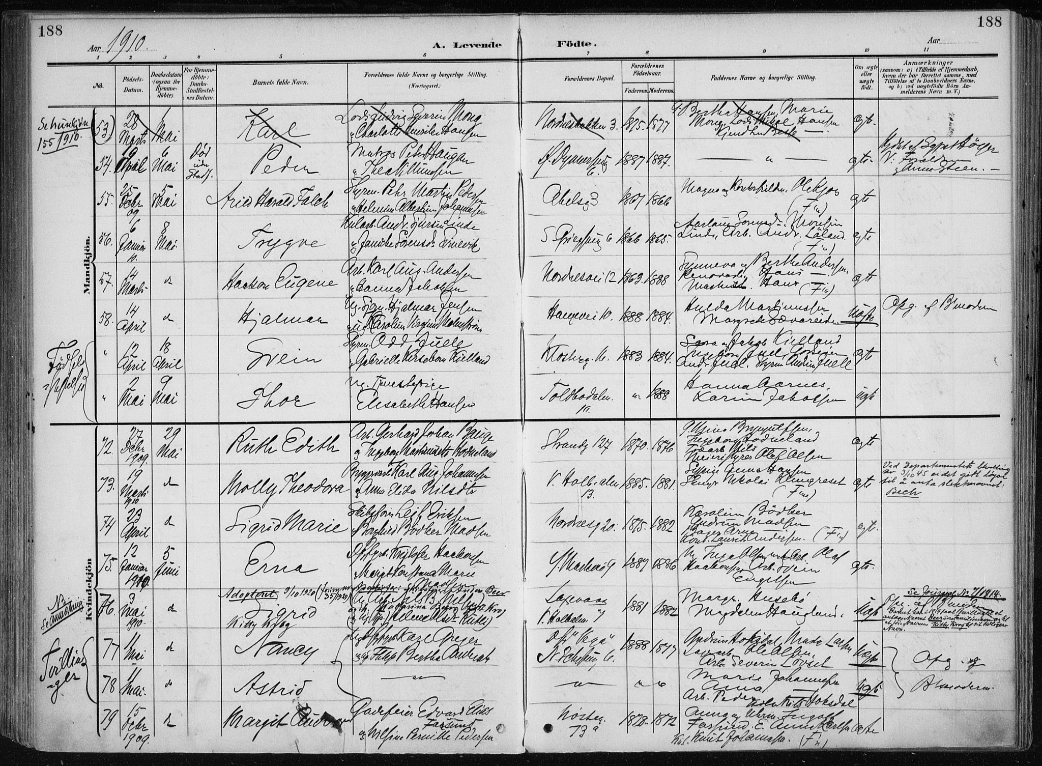 Nykirken Sokneprestembete, AV/SAB-A-77101/H/Haa/L0019: Parish register (official) no. B 7, 1904-1916, p. 188