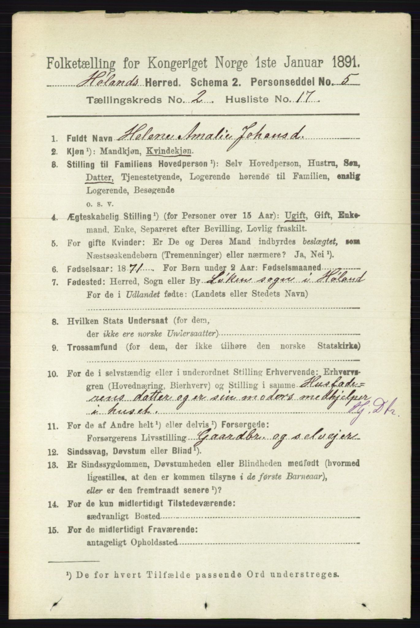 RA, 1891 census for 0221 Høland, 1891, p. 1025