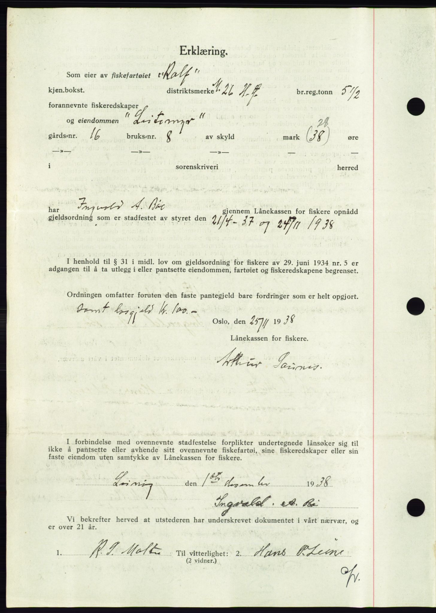 Søre Sunnmøre sorenskriveri, AV/SAT-A-4122/1/2/2C/L0066: Mortgage book no. 60, 1938-1938, Diary no: : 1685/1938