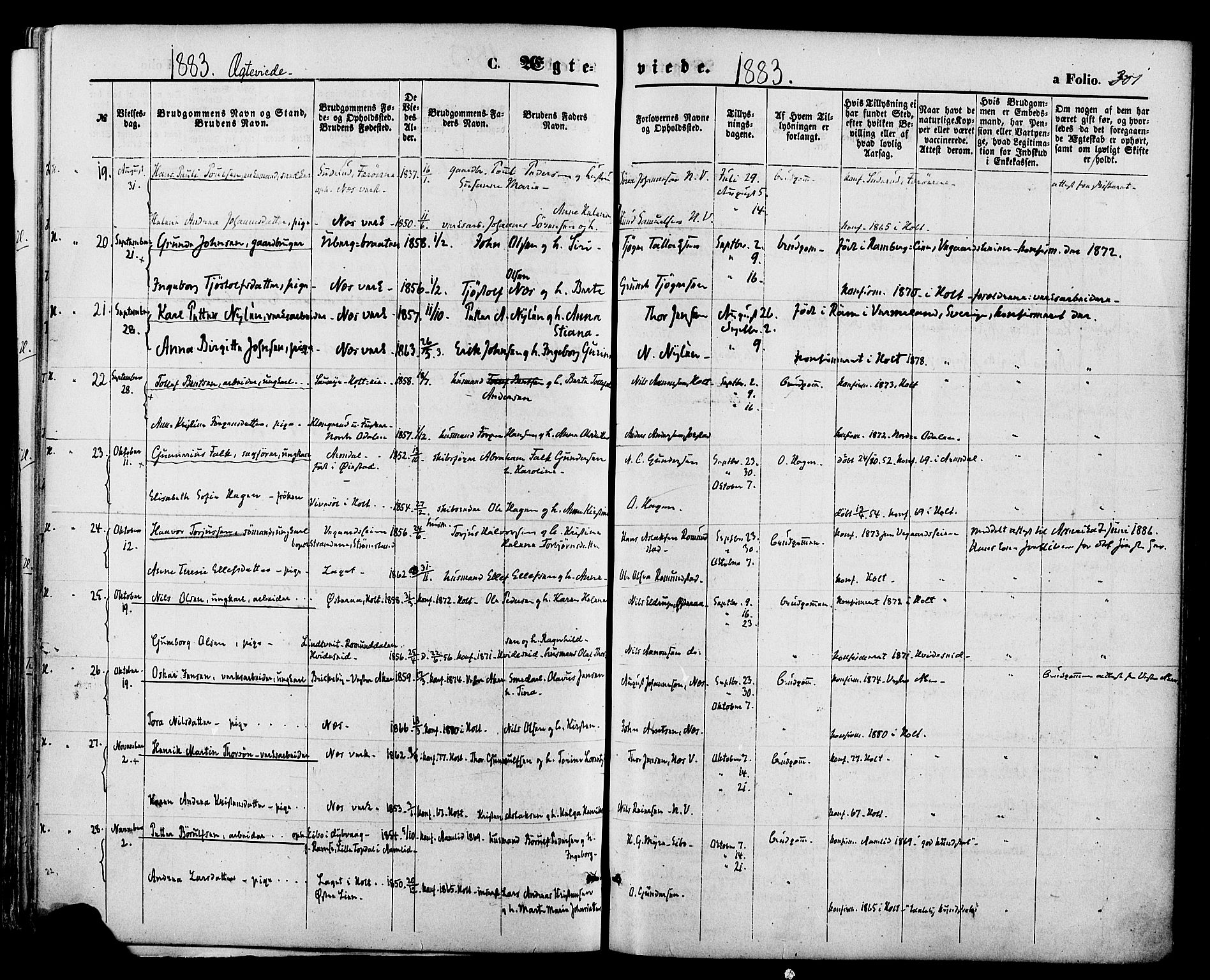 Holt sokneprestkontor, SAK/1111-0021/F/Fa/L0010: Parish register (official) no. A 10, 1872-1885, p. 301