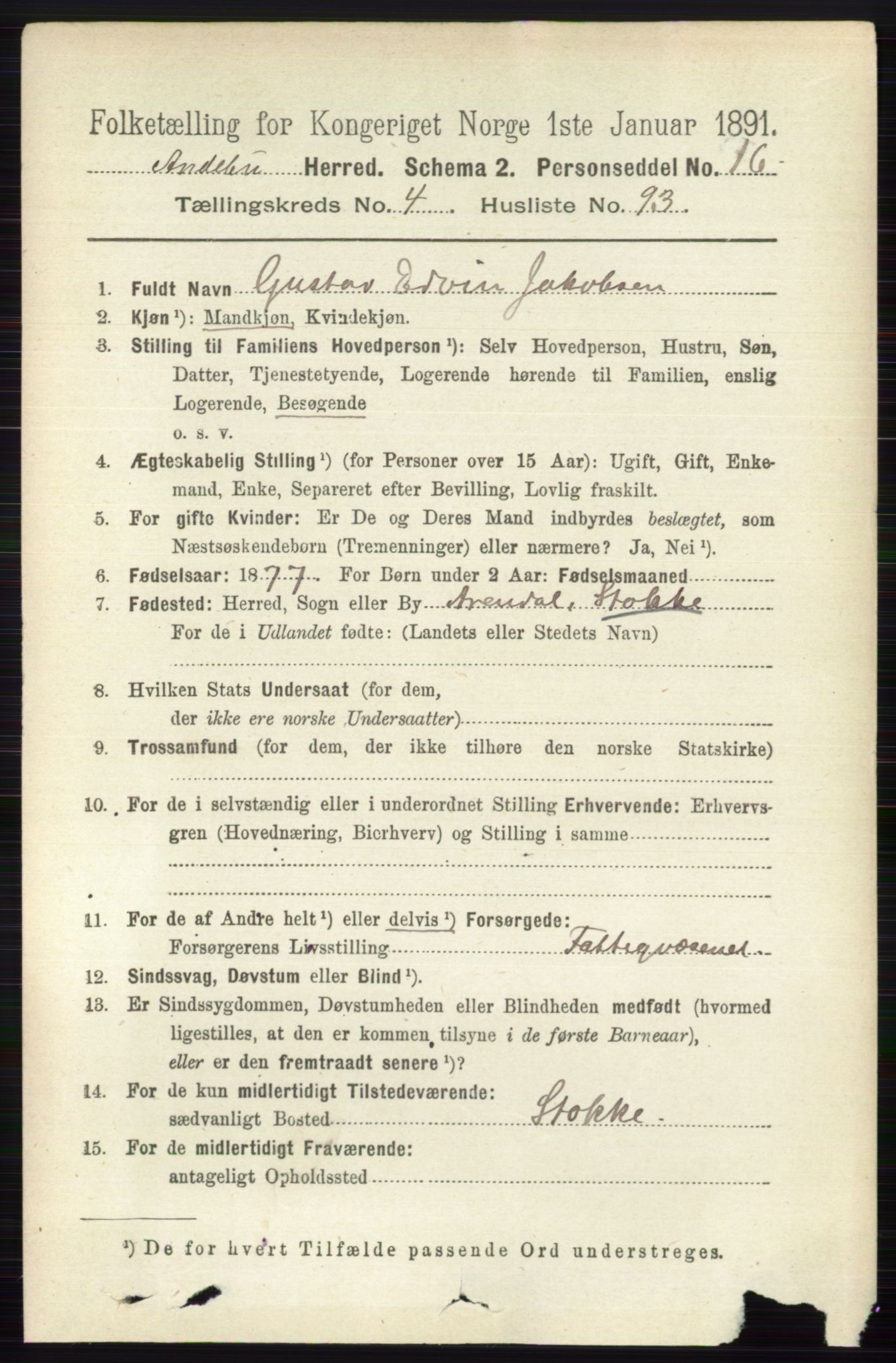 RA, 1891 census for 0719 Andebu, 1891, p. 2575