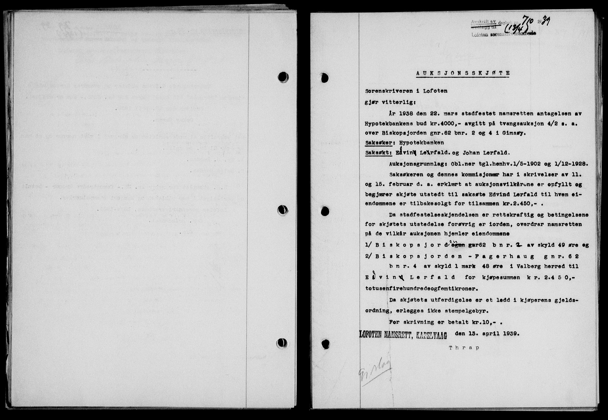 Lofoten sorenskriveri, SAT/A-0017/1/2/2C/L0005a: Mortgage book no. 5a, 1939-1939, Diary no: : 710/1939
