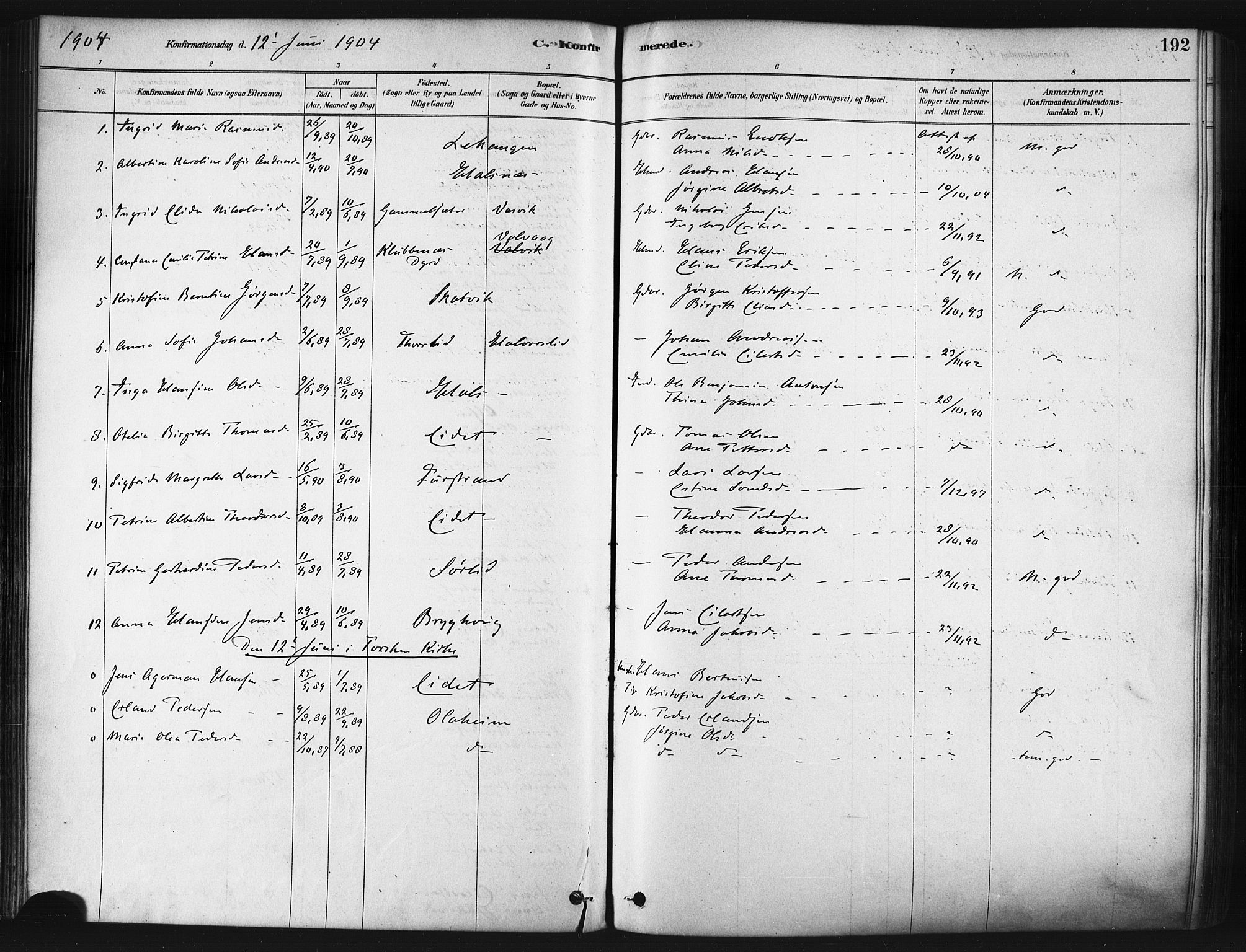 Tranøy sokneprestkontor, SATØ/S-1313/I/Ia/Iaa/L0009kirke: Parish register (official) no. 9, 1878-1904, p. 192