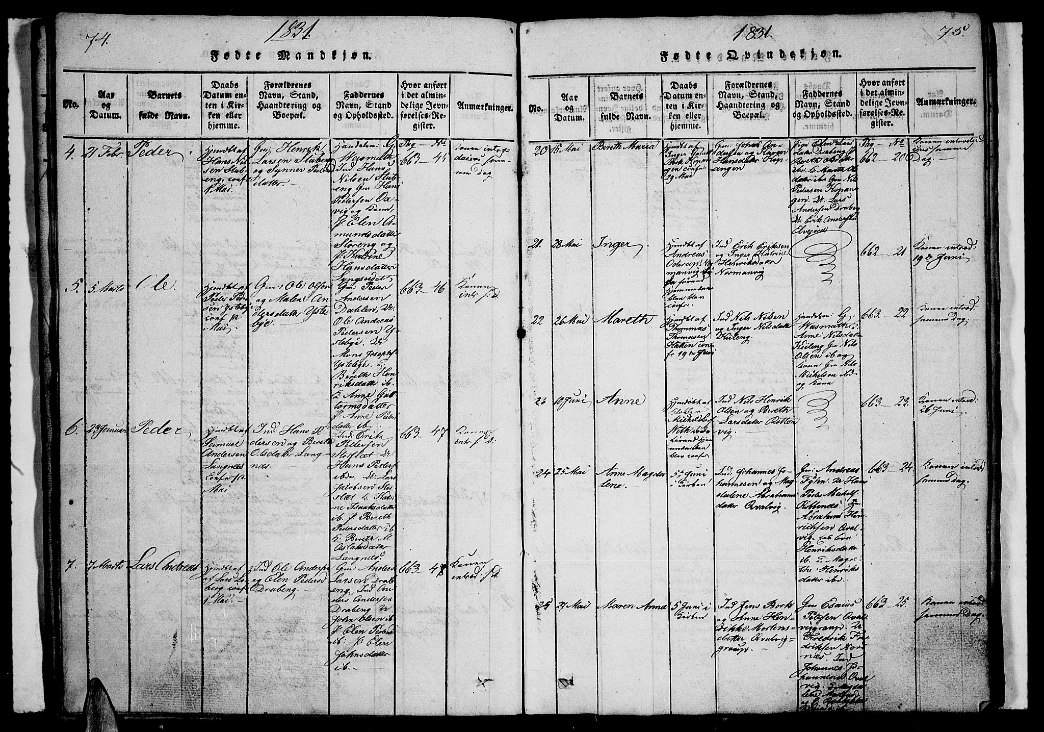 Lyngen sokneprestembete, AV/SATØ-S-1289/H/He/Heb/L0001klokker: Parish register (copy) no. 1, 1826-1838, p. 74-75