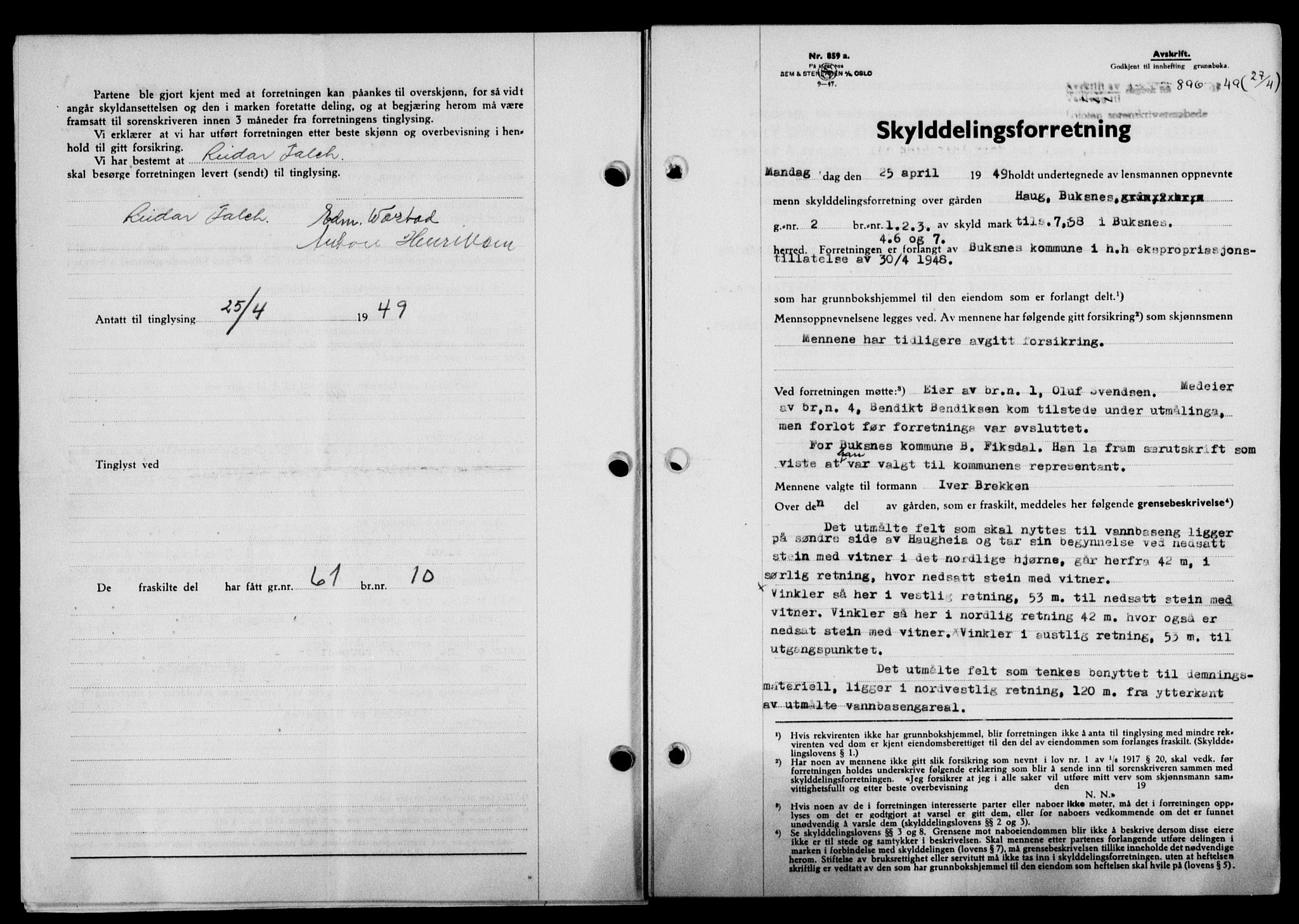 Lofoten sorenskriveri, SAT/A-0017/1/2/2C/L0020a: Mortgage book no. 20a, 1948-1949, Diary no: : 896/1949