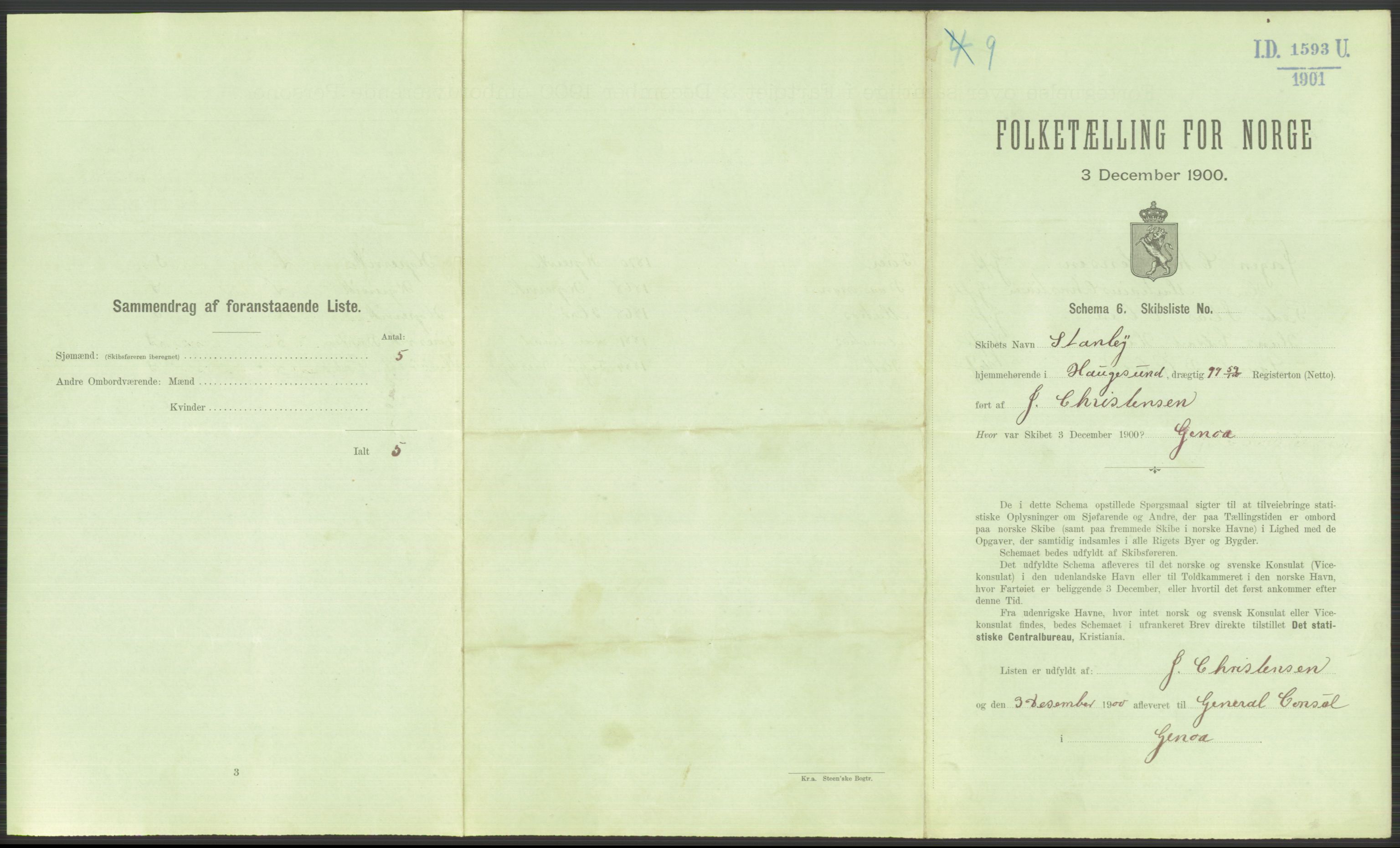 RA, 1900 Census - ship lists from ships in Norwegian harbours, harbours abroad and at sea, 1900, p. 4729