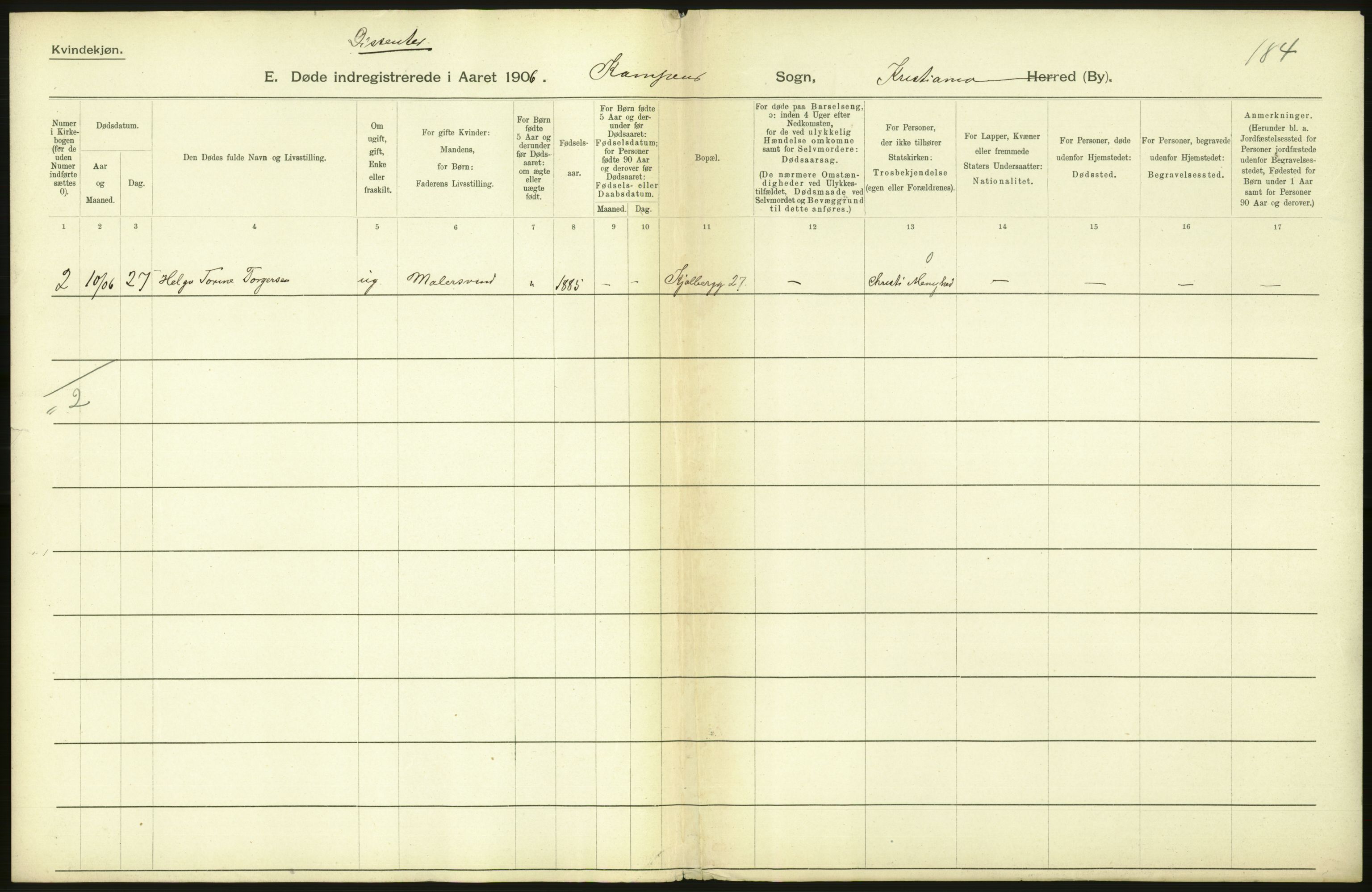 Statistisk sentralbyrå, Sosiodemografiske emner, Befolkning, RA/S-2228/D/Df/Dfa/Dfad/L0009: Kristiania: Døde, 1906, p. 116