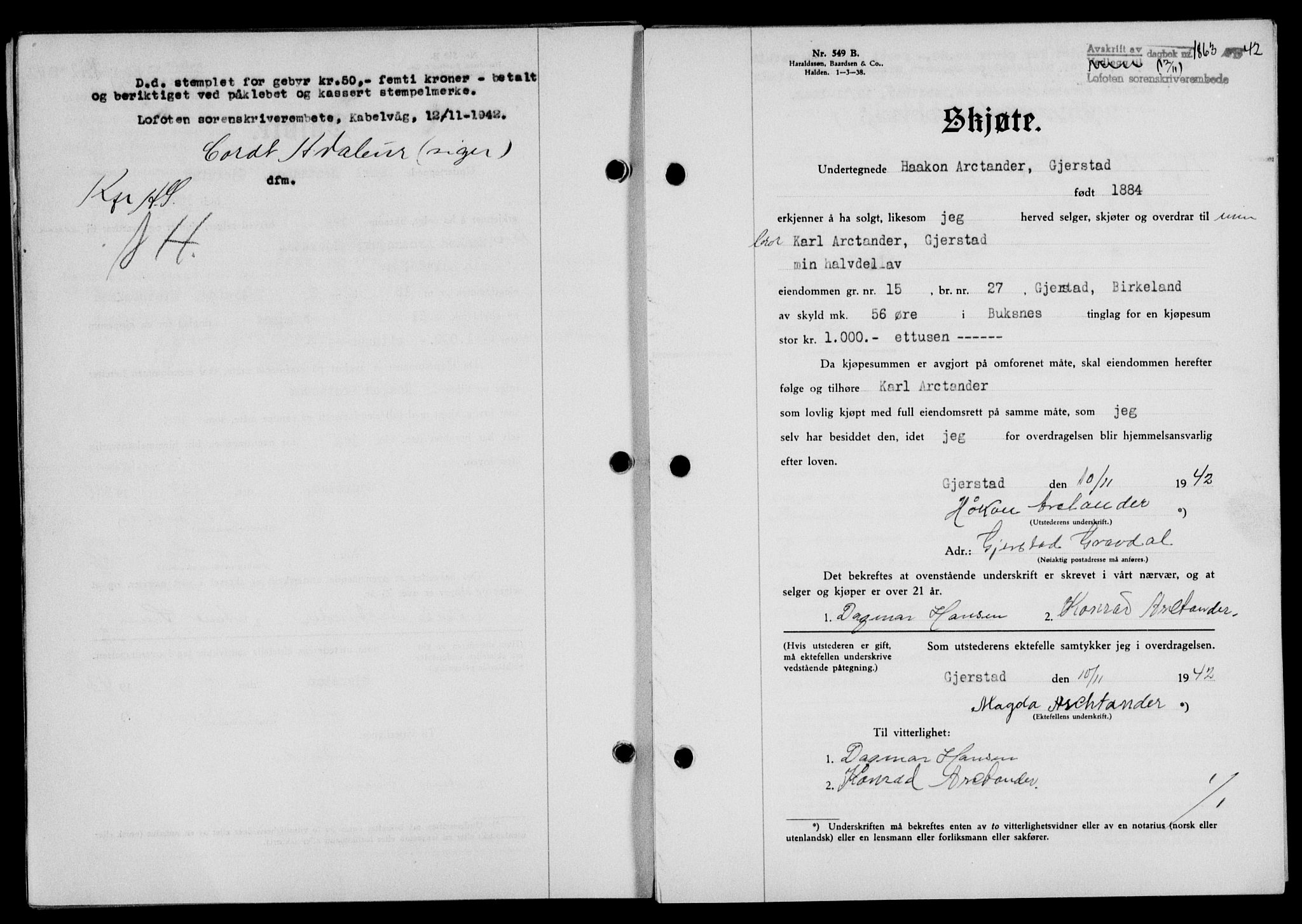 Lofoten sorenskriveri, SAT/A-0017/1/2/2C/L0010a: Mortgage book no. 10a, 1942-1943, Diary no: : 1863/1942