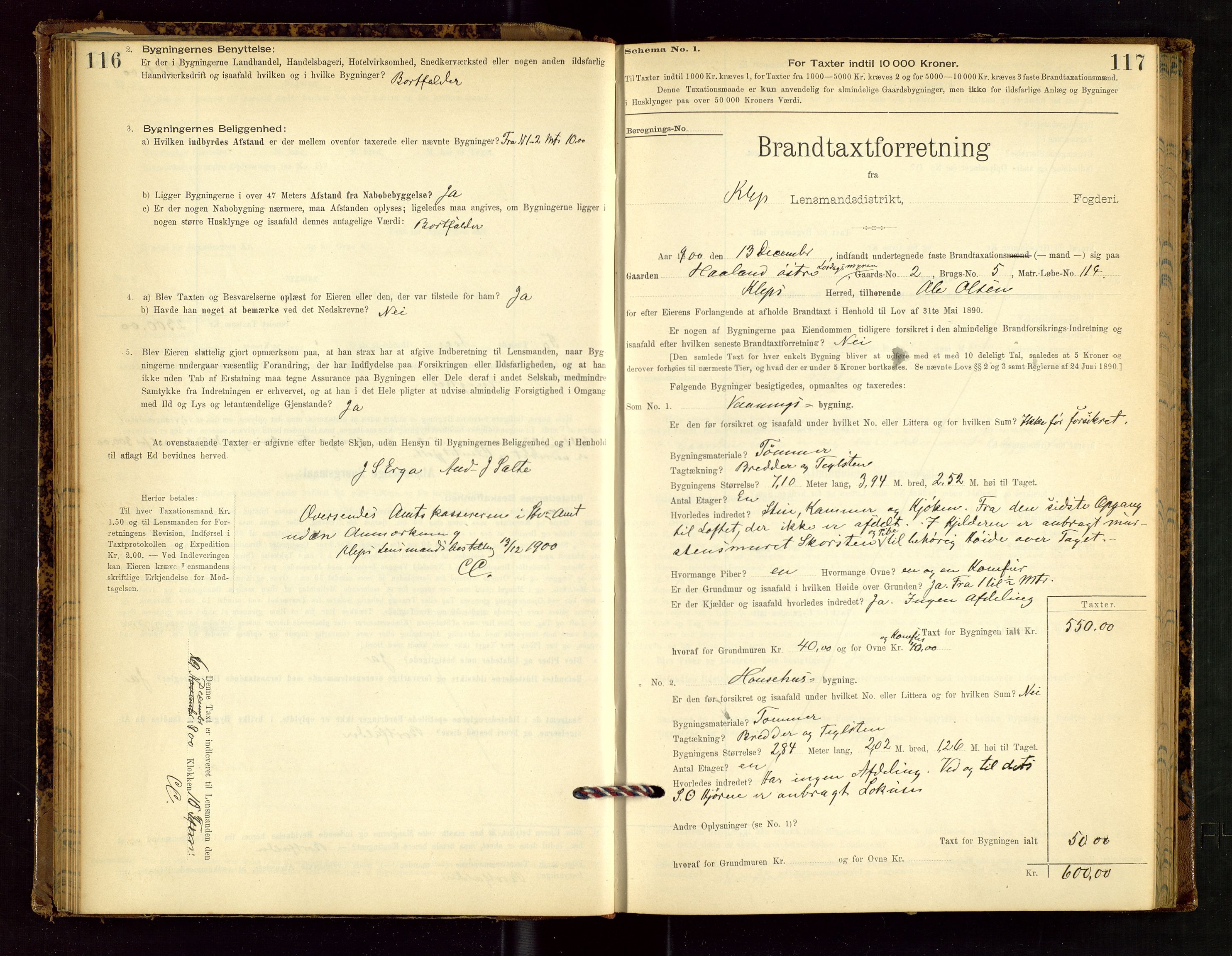 Klepp lensmannskontor, AV/SAST-A-100163/Goc/L0002: "Brandtaxationsprotokol" m/register, 1898-1902, p. 116-117