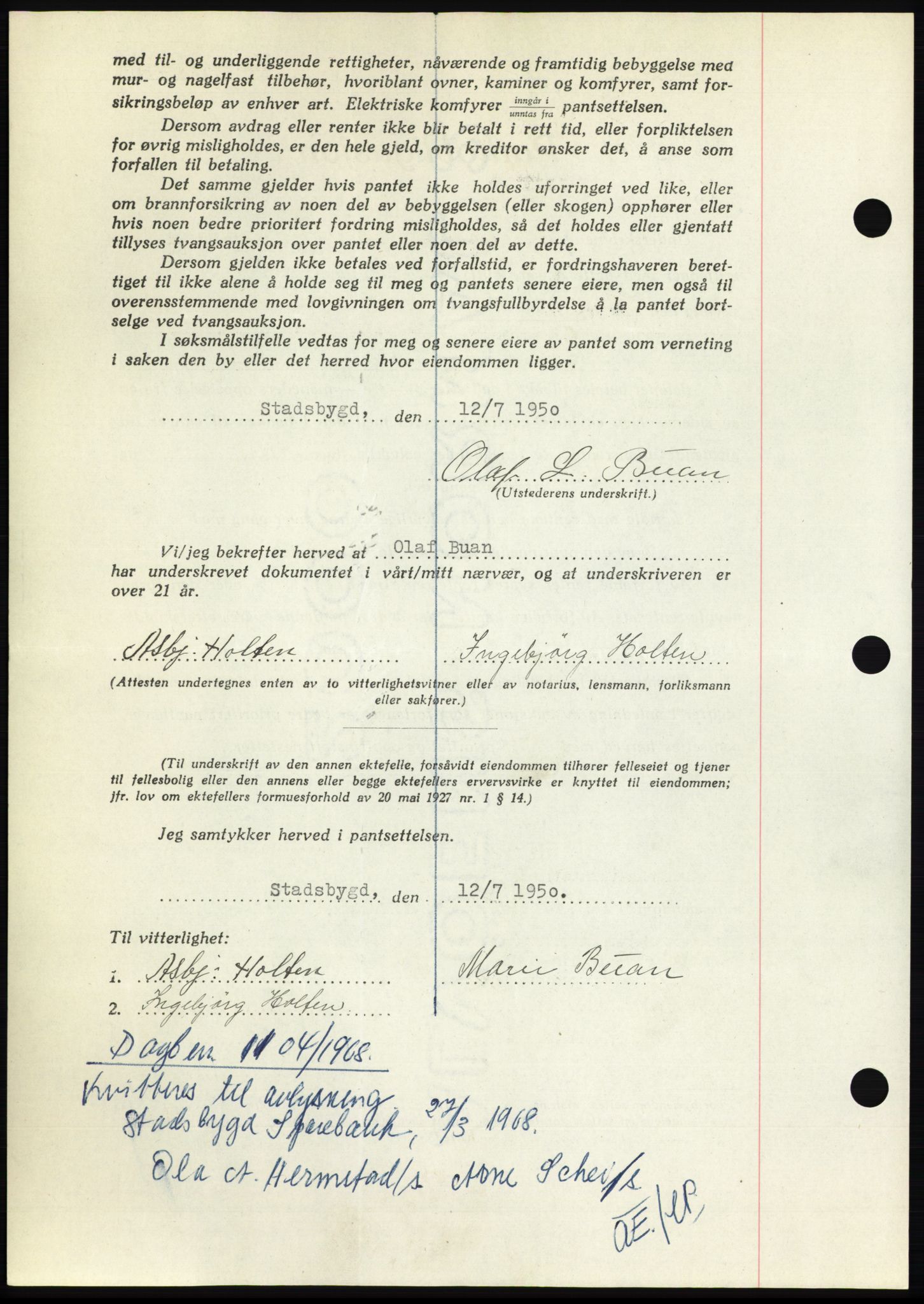 Fosen sorenskriveri, AV/SAT-A-1107/1/2/2C: Mortgage book no. B, 1948-1950, Diary no: : 1218/1950
