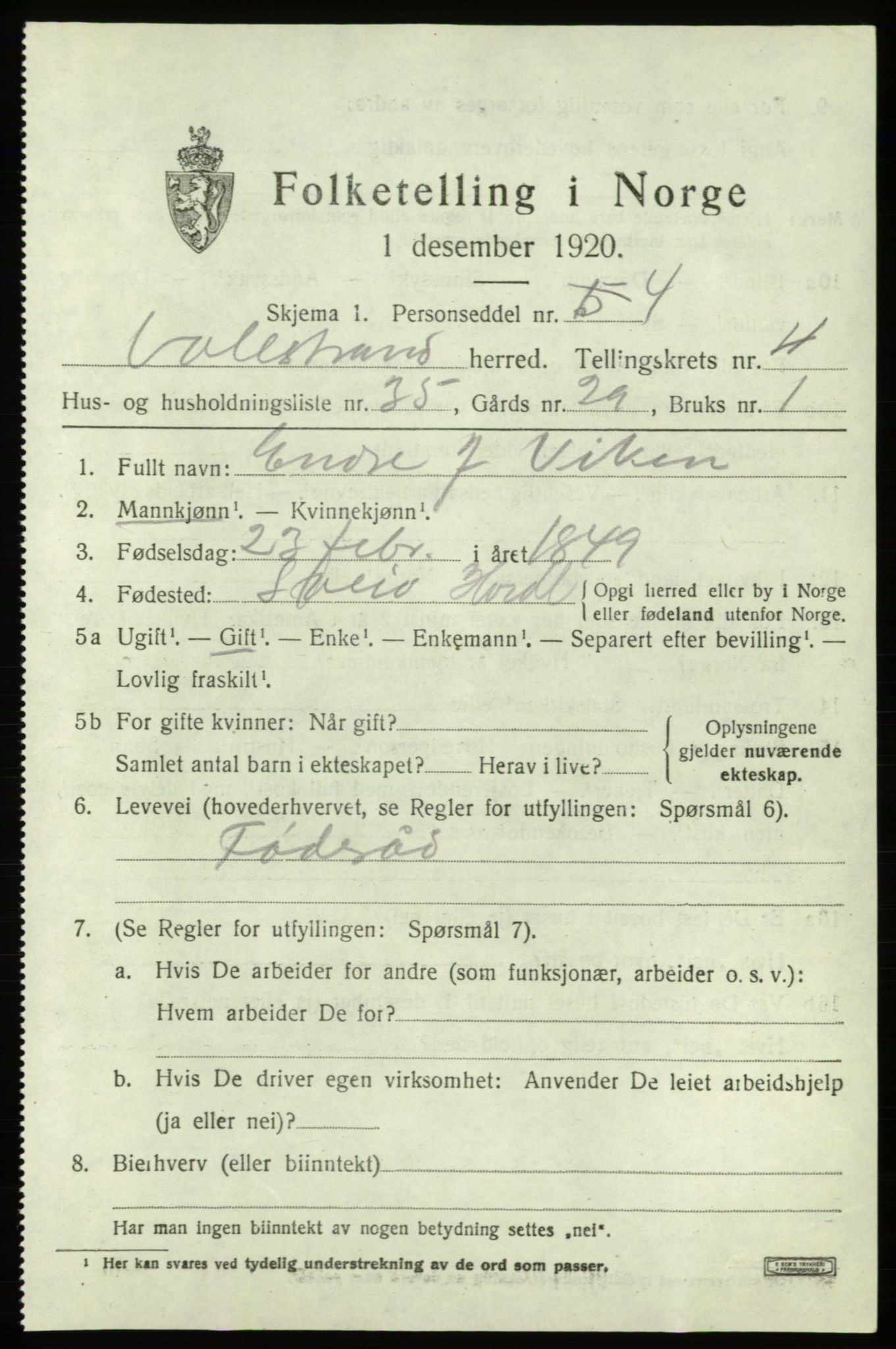 SAB, 1920 census for Valestrand, 1920, p. 1971