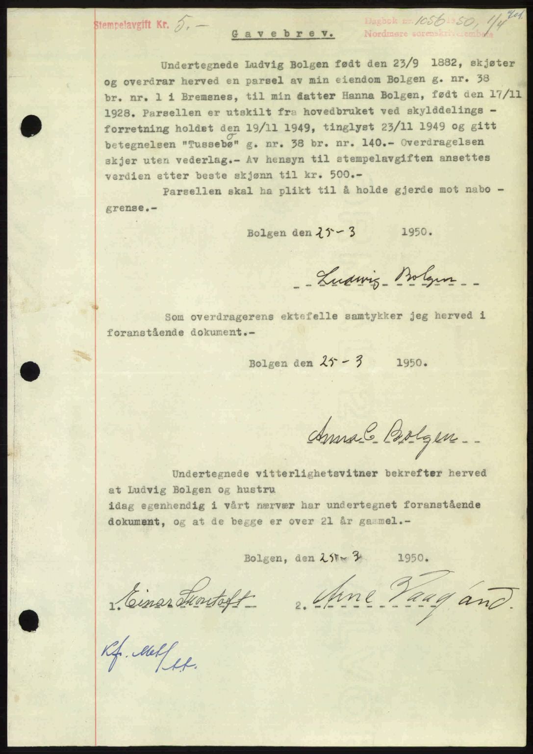 Nordmøre sorenskriveri, AV/SAT-A-4132/1/2/2Ca: Mortgage book no. A114, 1950-1950, Diary no: : 1056/1950