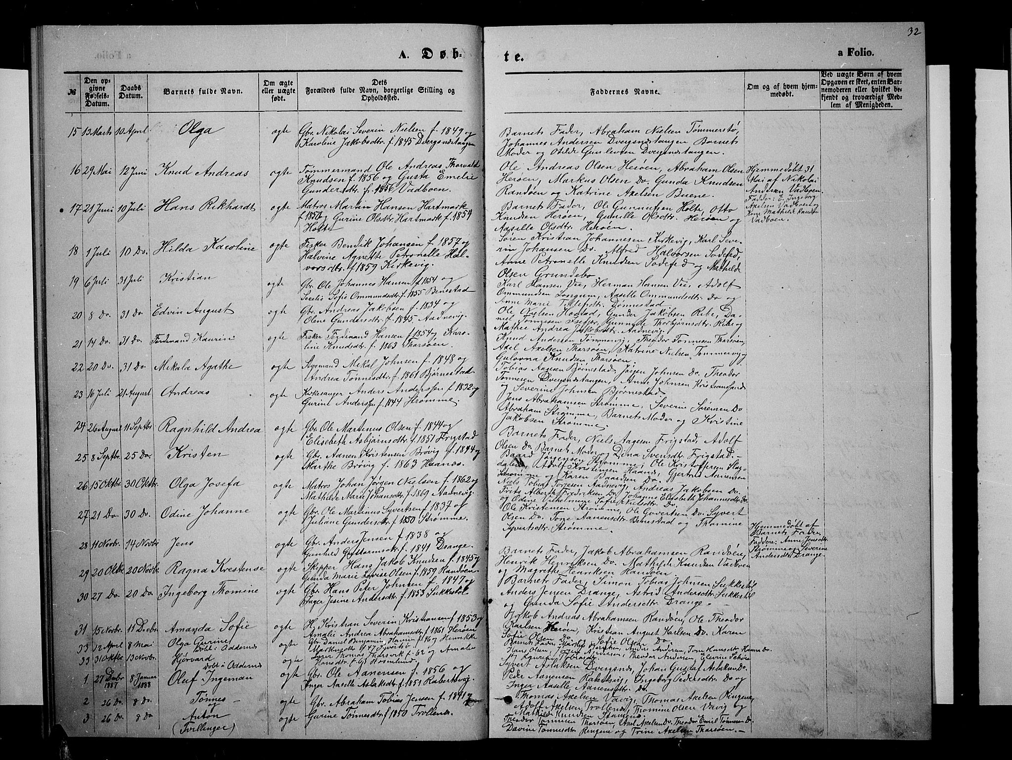 Oddernes sokneprestkontor, SAK/1111-0033/F/Fb/Fbb/L0001: Parish register (copy) no. B 1, 1871-1888, p. 32