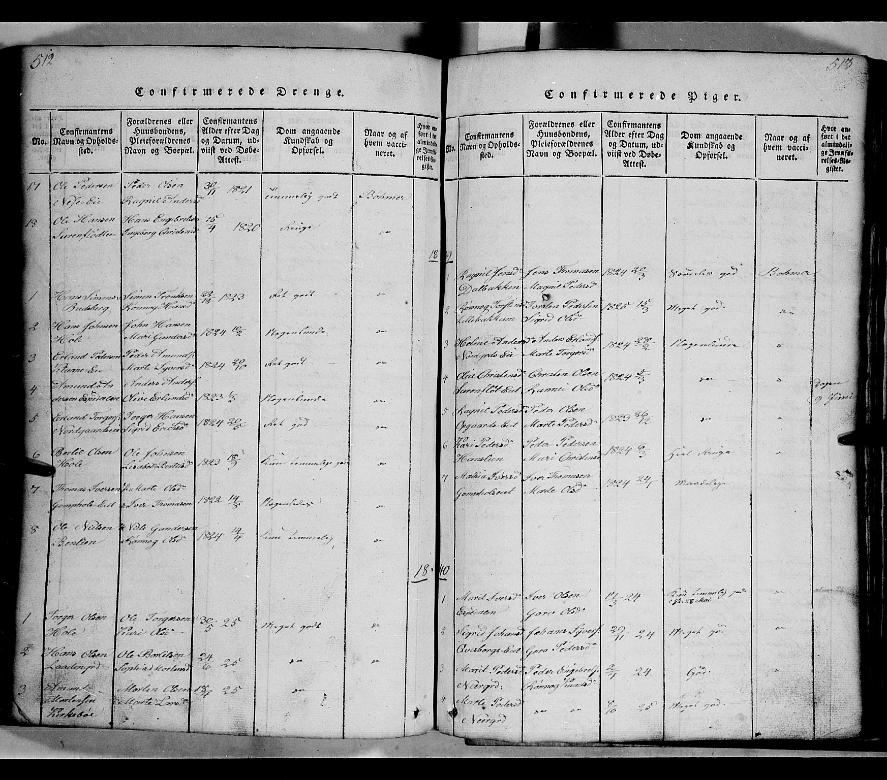 Gausdal prestekontor, SAH/PREST-090/H/Ha/Hab/L0002: Parish register (copy) no. 2, 1818-1874, p. 512-513