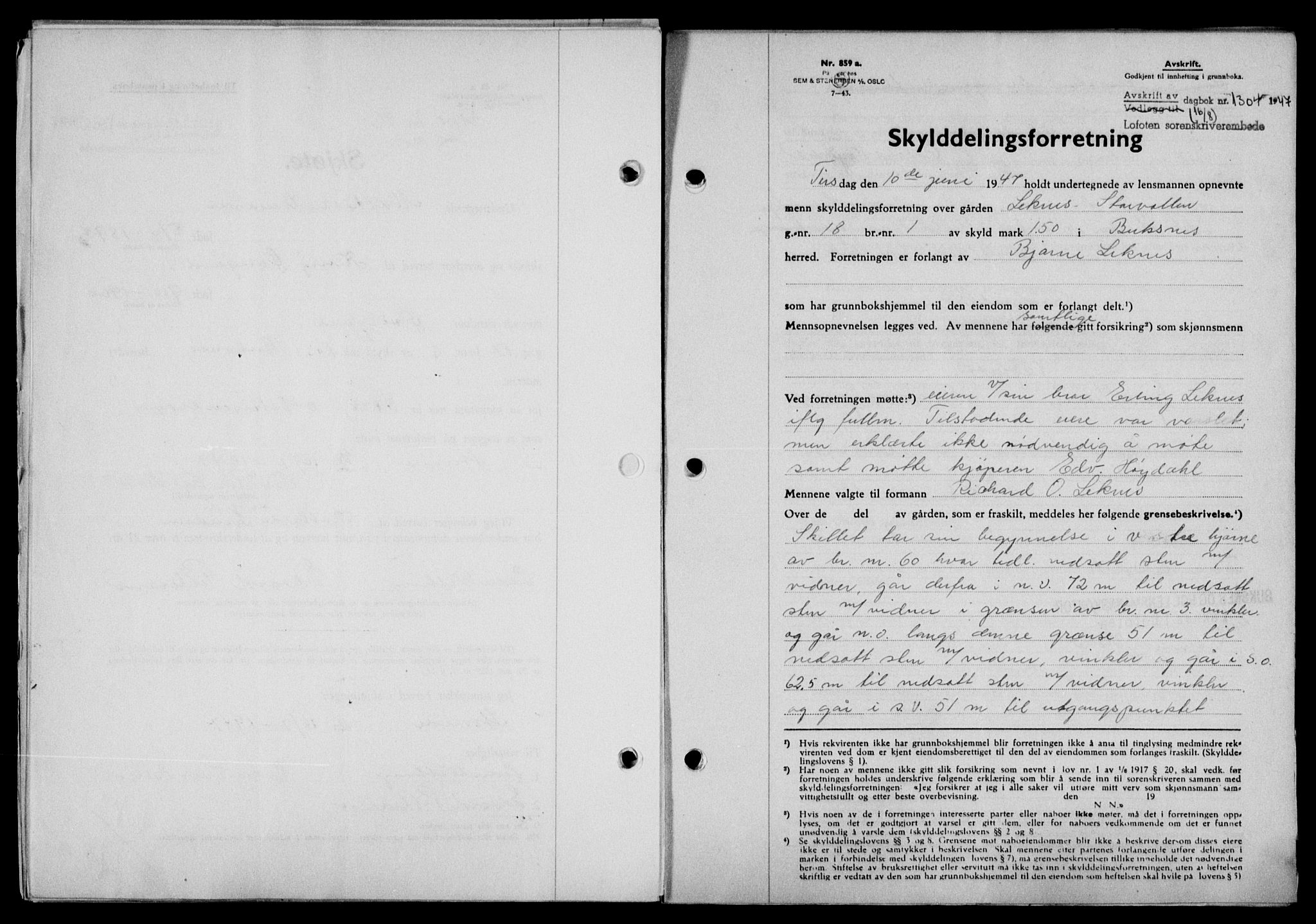 Lofoten sorenskriveri, SAT/A-0017/1/2/2C/L0016a: Mortgage book no. 16a, 1947-1947, Diary no: : 1304/1947