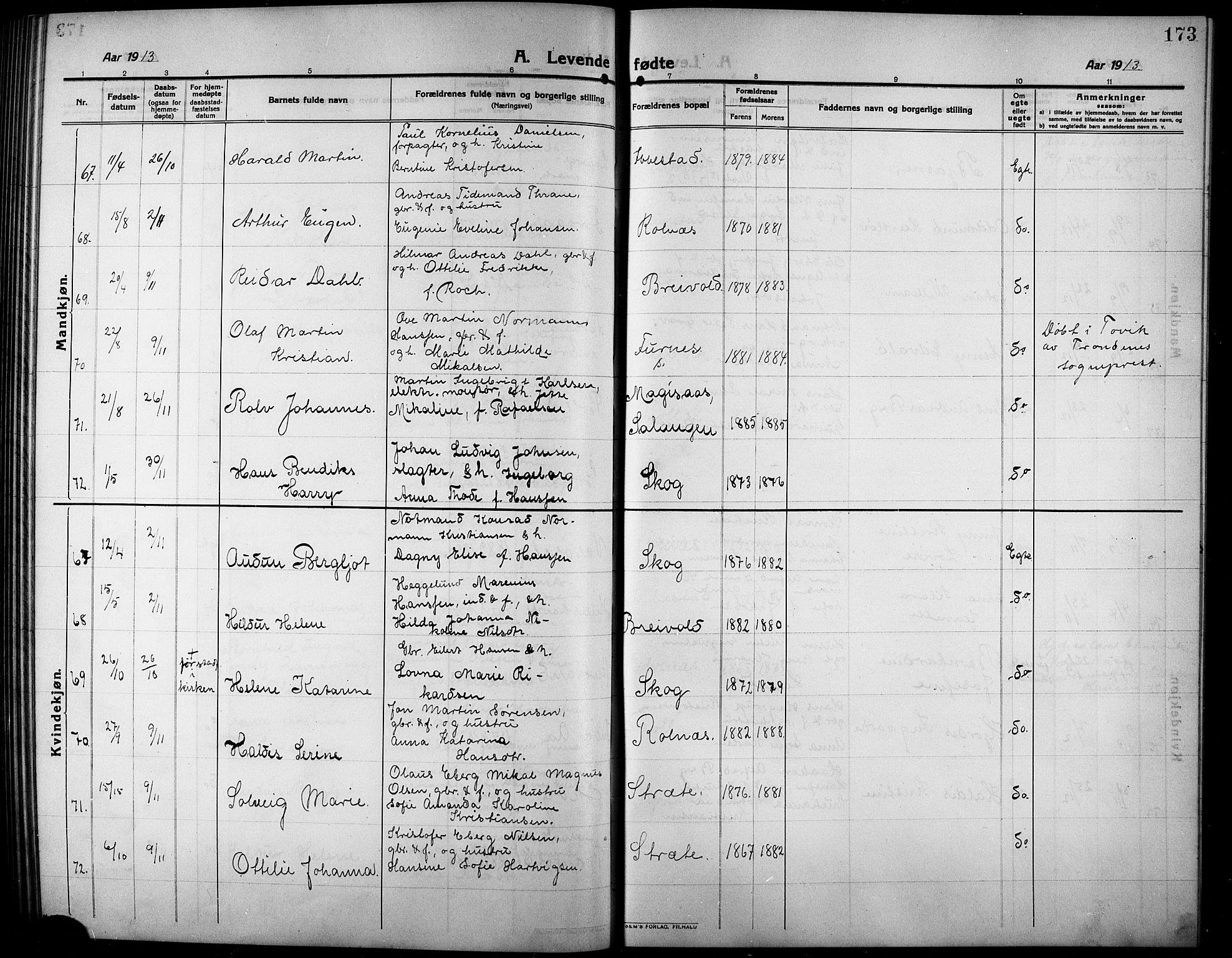 Ibestad sokneprestembete, SATØ/S-0077/H/Ha/Hab/L0009klokker: Parish register (copy) no. 9, 1902-1914, p. 173