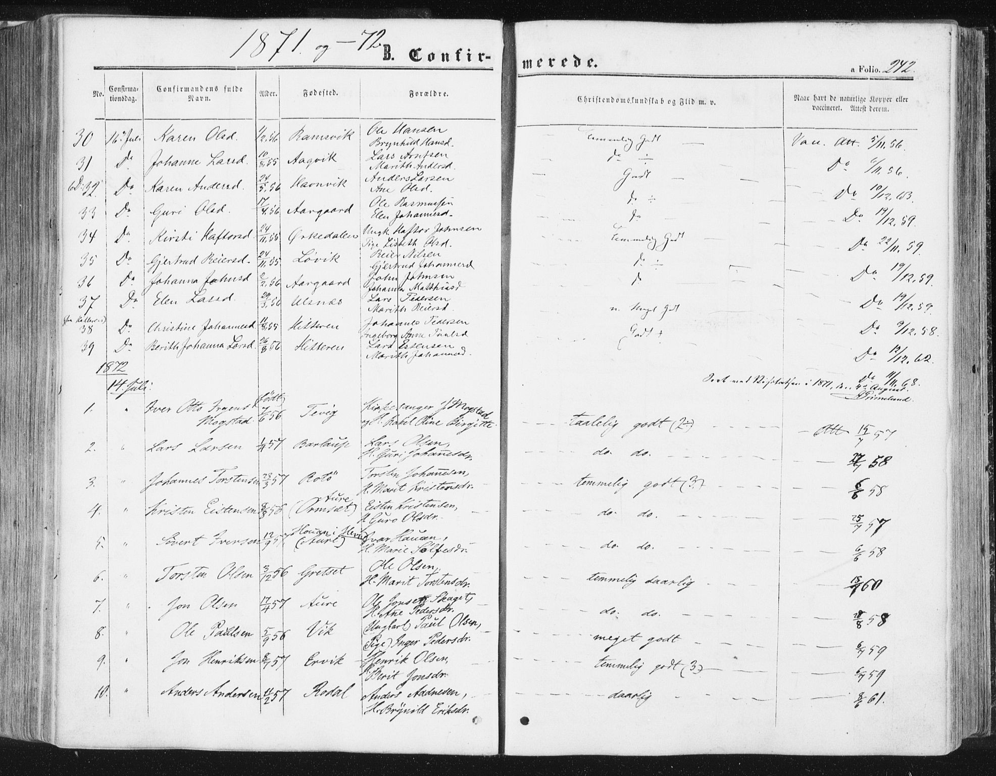 Ministerialprotokoller, klokkerbøker og fødselsregistre - Møre og Romsdal, AV/SAT-A-1454/578/L0905: Parish register (official) no. 578A04, 1859-1877, p. 242