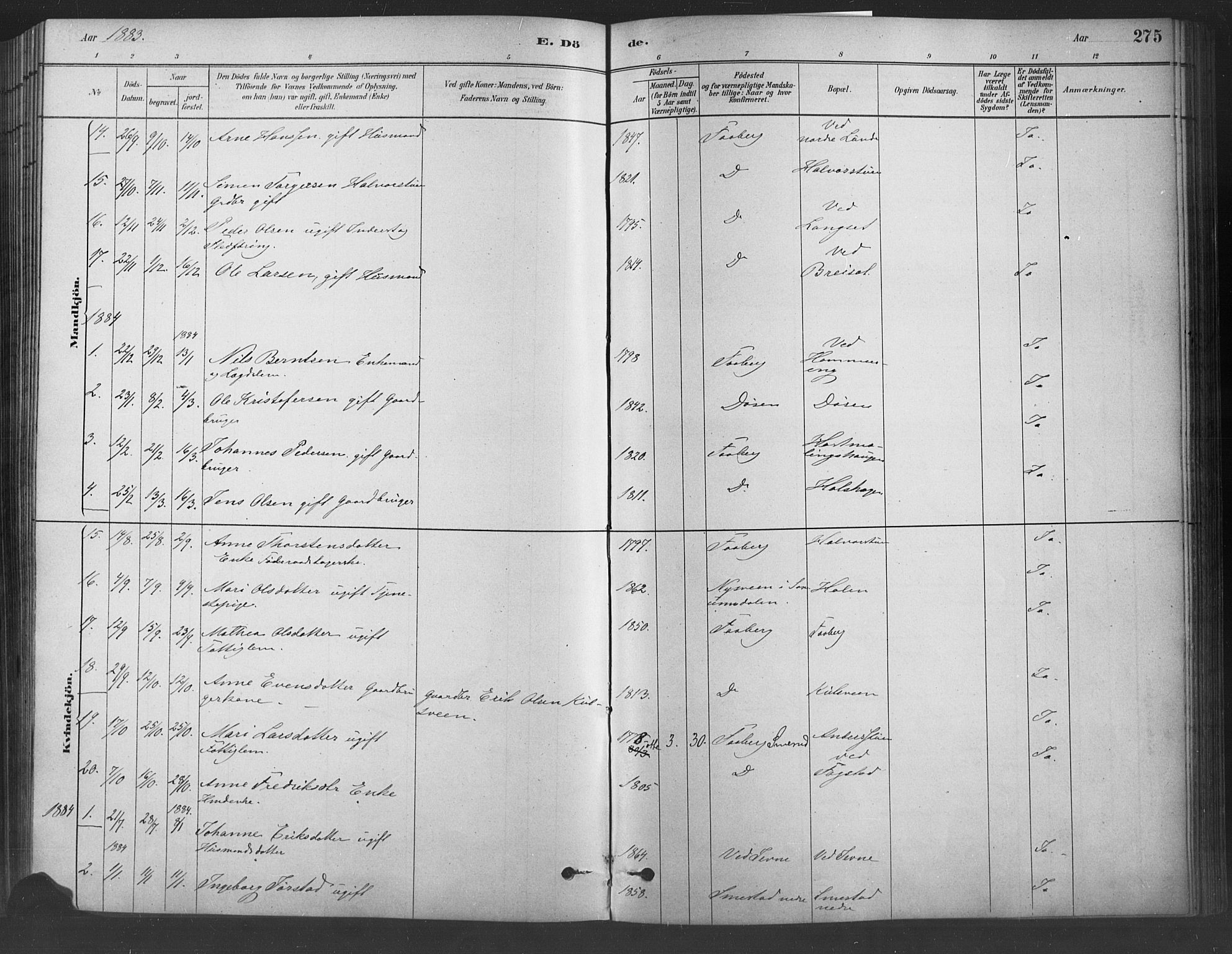 Fåberg prestekontor, SAH/PREST-086/H/Ha/Haa/L0009: Parish register (official) no. 9, 1879-1898, p. 275
