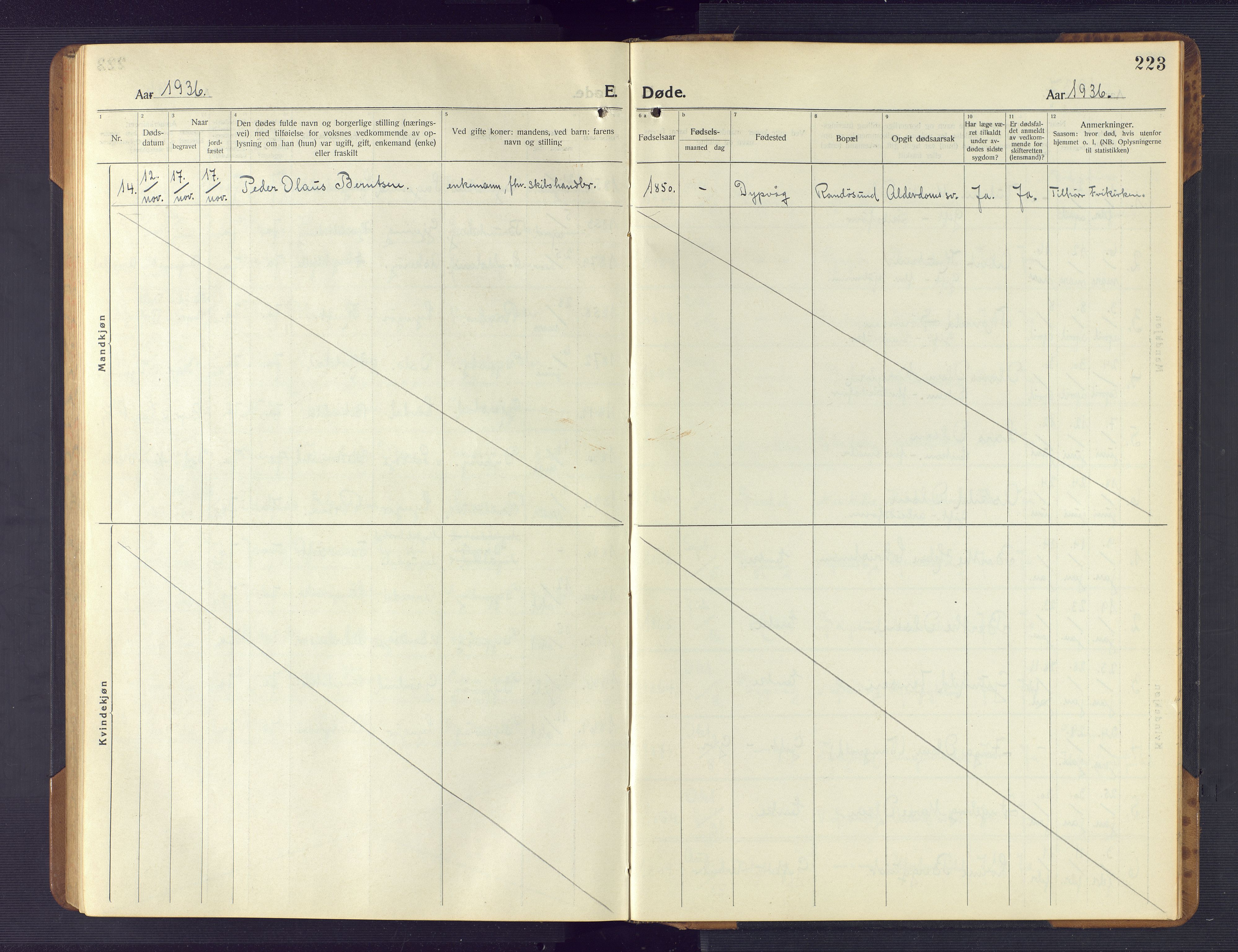 Dypvåg sokneprestkontor, AV/SAK-1111-0007/F/Fb/Fba/L0015: Parish register (copy) no. B 15, 1922-1949, p. 223