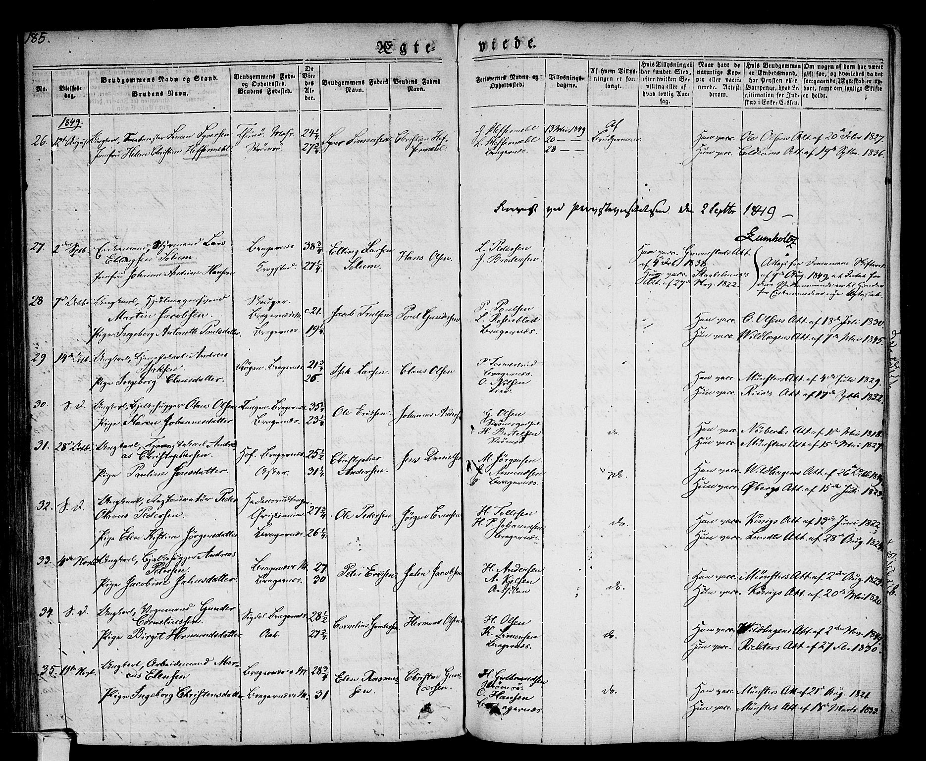 Bragernes kirkebøker, AV/SAKO-A-6/F/Fc/L0001: Parish register (official) no. III 1, 1830-1853, p. 185